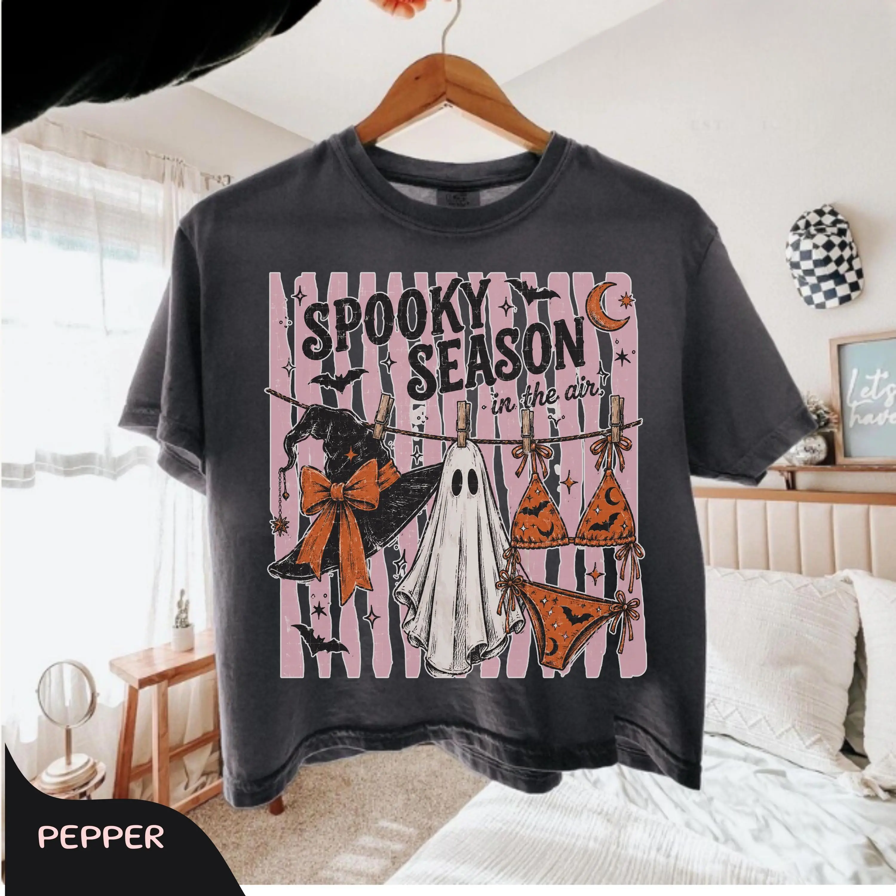 Comfort Colors Striped Spooky Season Shirt, Girly Summerween Summer Vibes Halloween Graphic Tee - photo 3