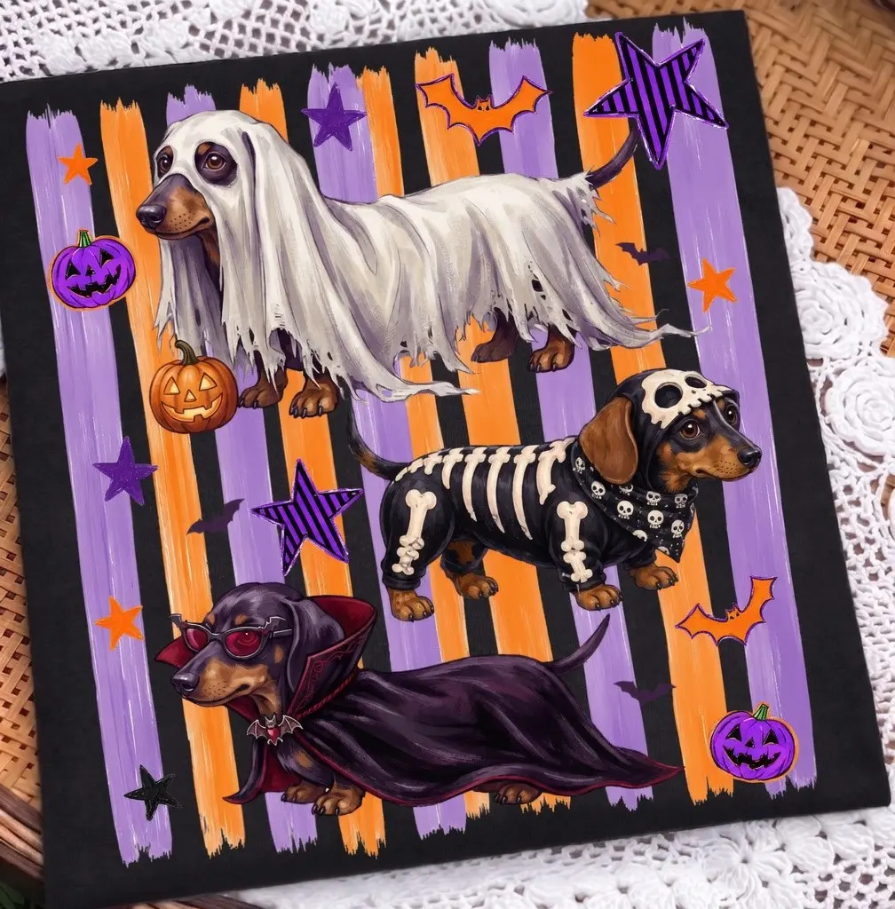 Comfort Colors Striped Funny Dachshund Halloween Shirt, Ghost Skeleton Vampire Weiner Dog Spooky Doxie Tshirt - photo 3