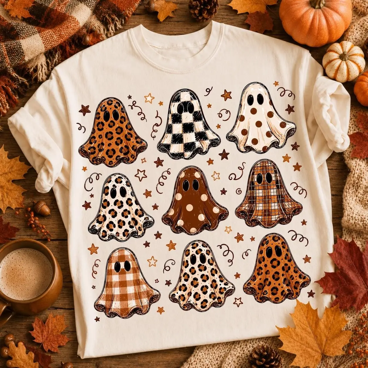 Comfort Colors Striped Preppy Halloween Ghost Shirt, Leopard Polka Dots Graphic Tee, Trending Fall Top