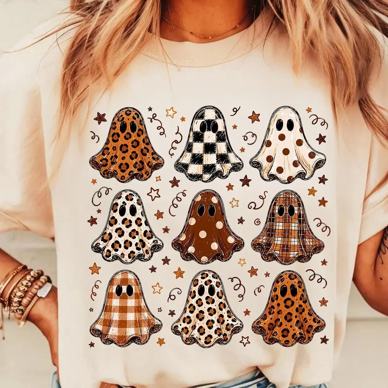 Comfort Colors Striped Preppy Halloween Ghost Shirt, Leopard Polka Dots Graphic Tee, Trending Fall Top - photo 5