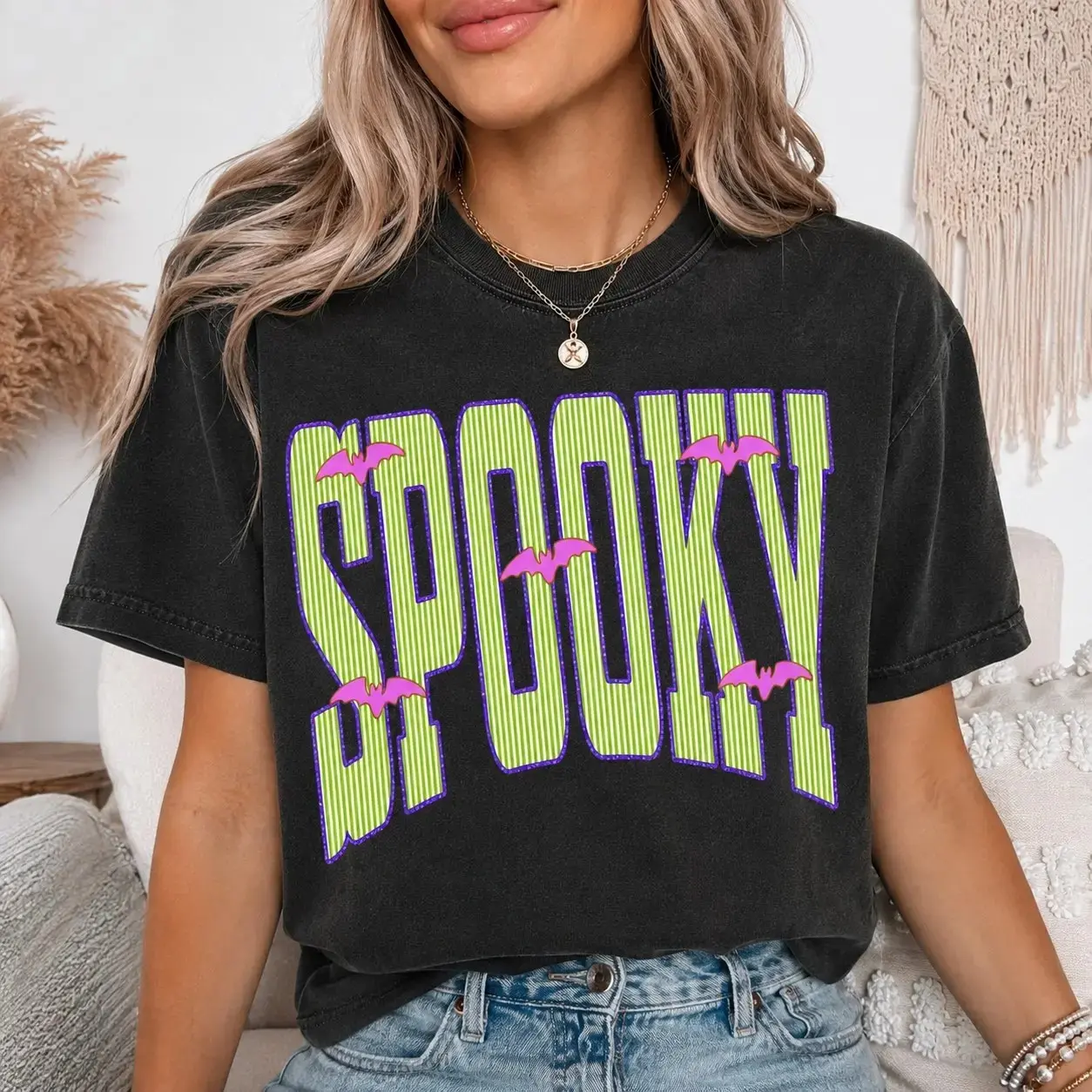 Comfort Colors Striped Spooky Lettering Shirt, Pink Bats Halloween Teens Vintage Retro October Night Graphic Tee