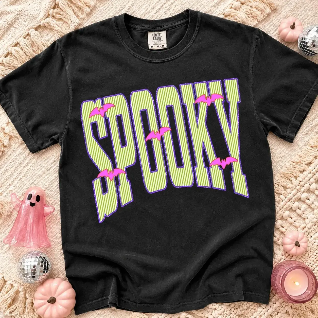 Comfort Colors Striped Spooky Lettering Shirt, Pink Bats Halloween Teens Vintage Retro October Night Graphic Tee - photo 2