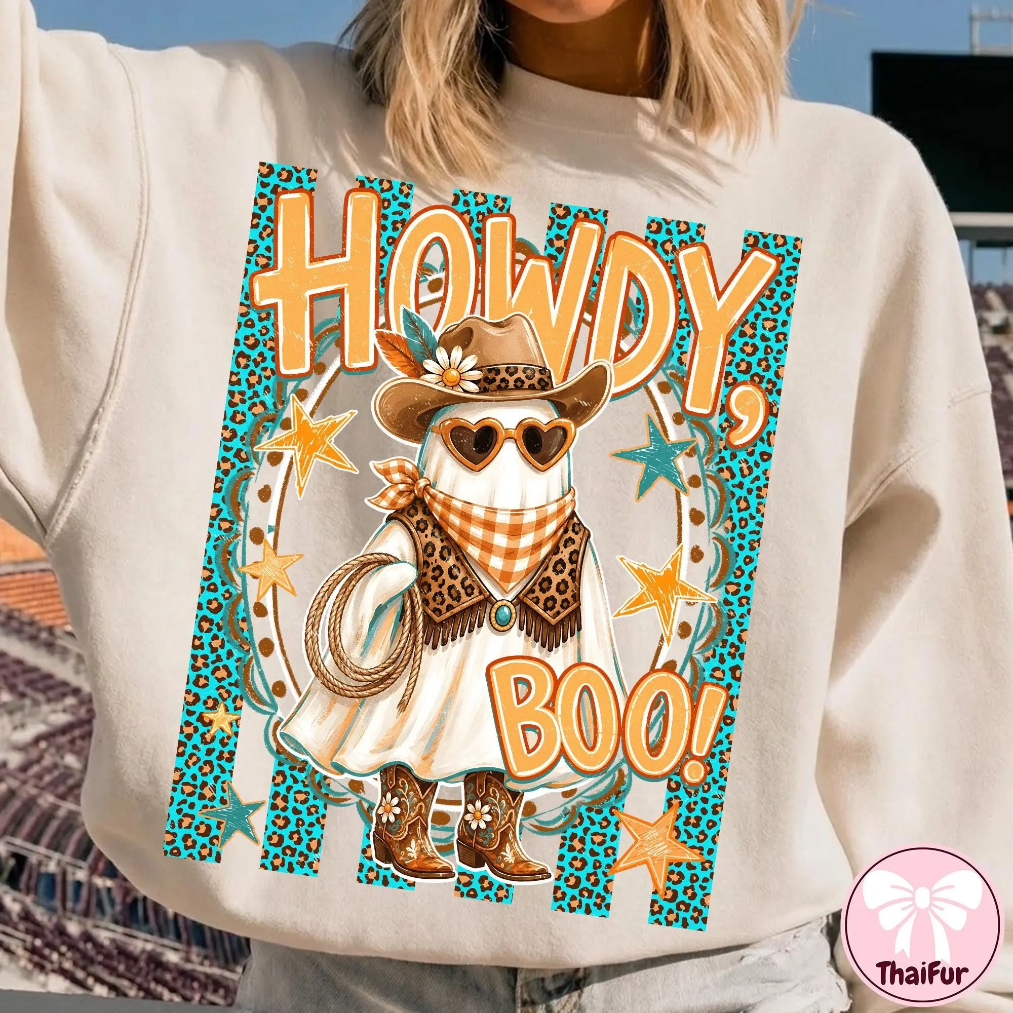 Comfort Colors Stripes Cowboy Howdy Boo Ghost Shirt, Western Halloween Cowgirl Graphic Tee - photo 3