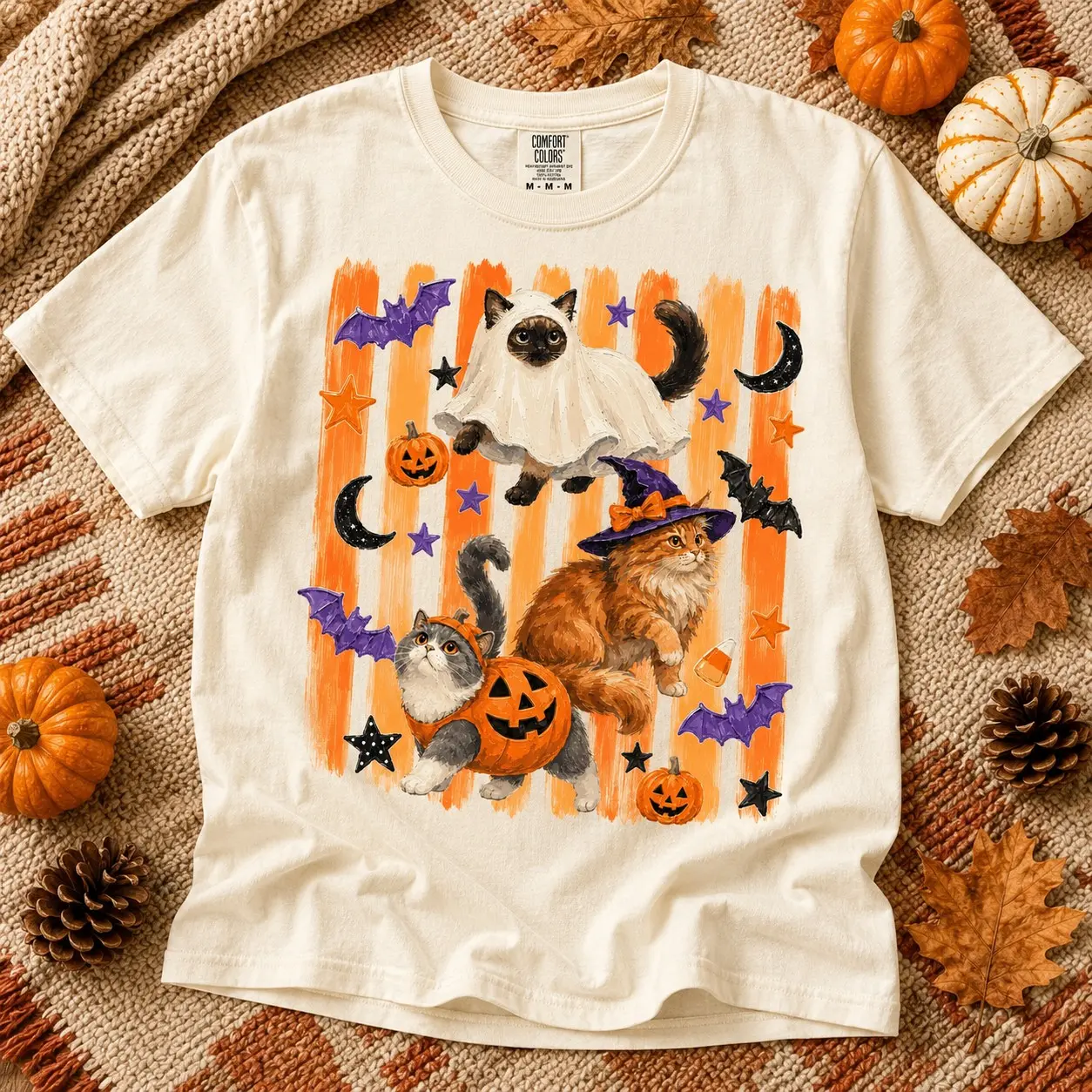 Comfort Colors Spooky and Feral Cat Lover Shirt, Unisex Stripes Creepy Cute Ghost Halloween Tee