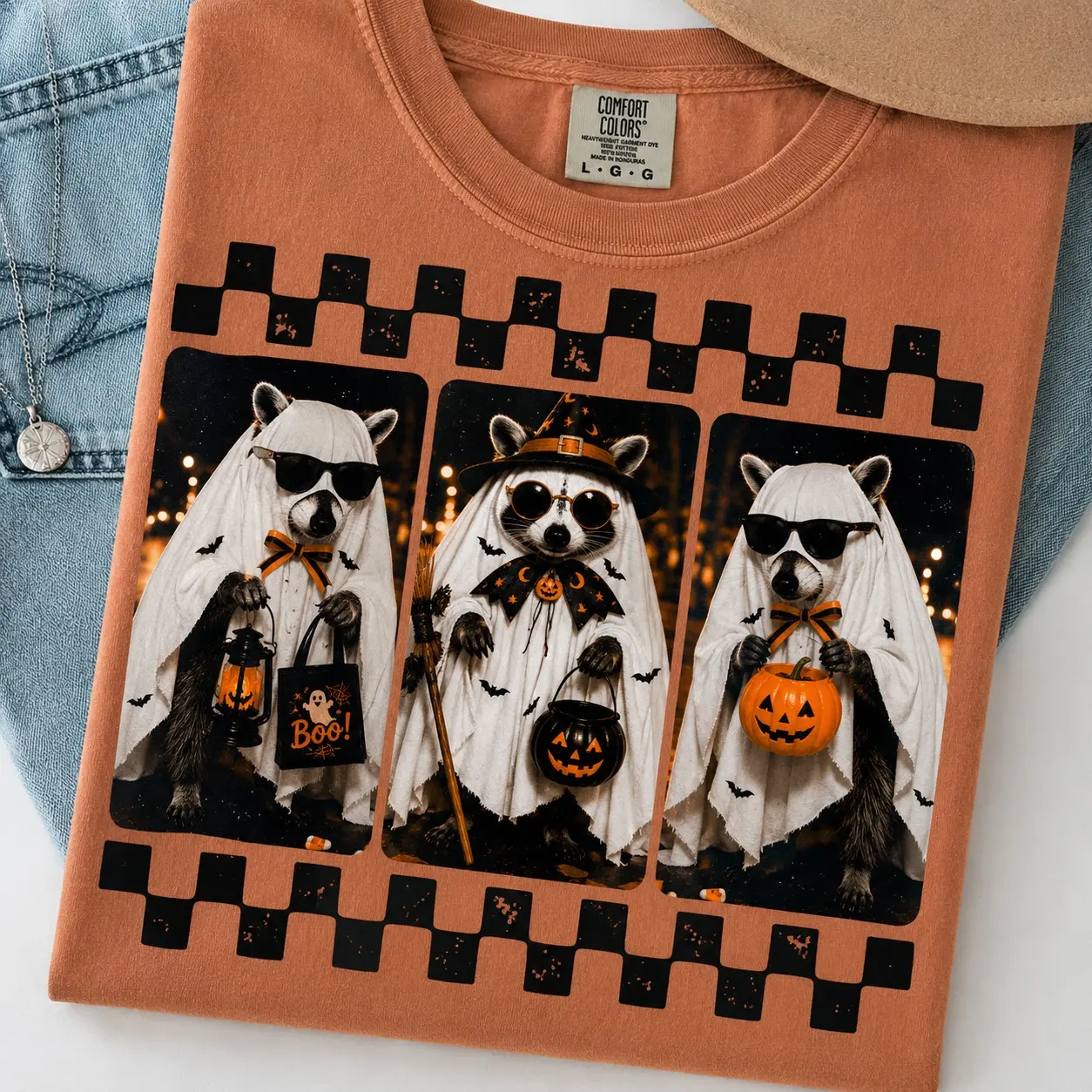 Comfort Colors Stripes Spooky And Feral Halloween Raccoon Shirt, Creepy Cute Ghost Mama Girl Graphic Tee - photo 2