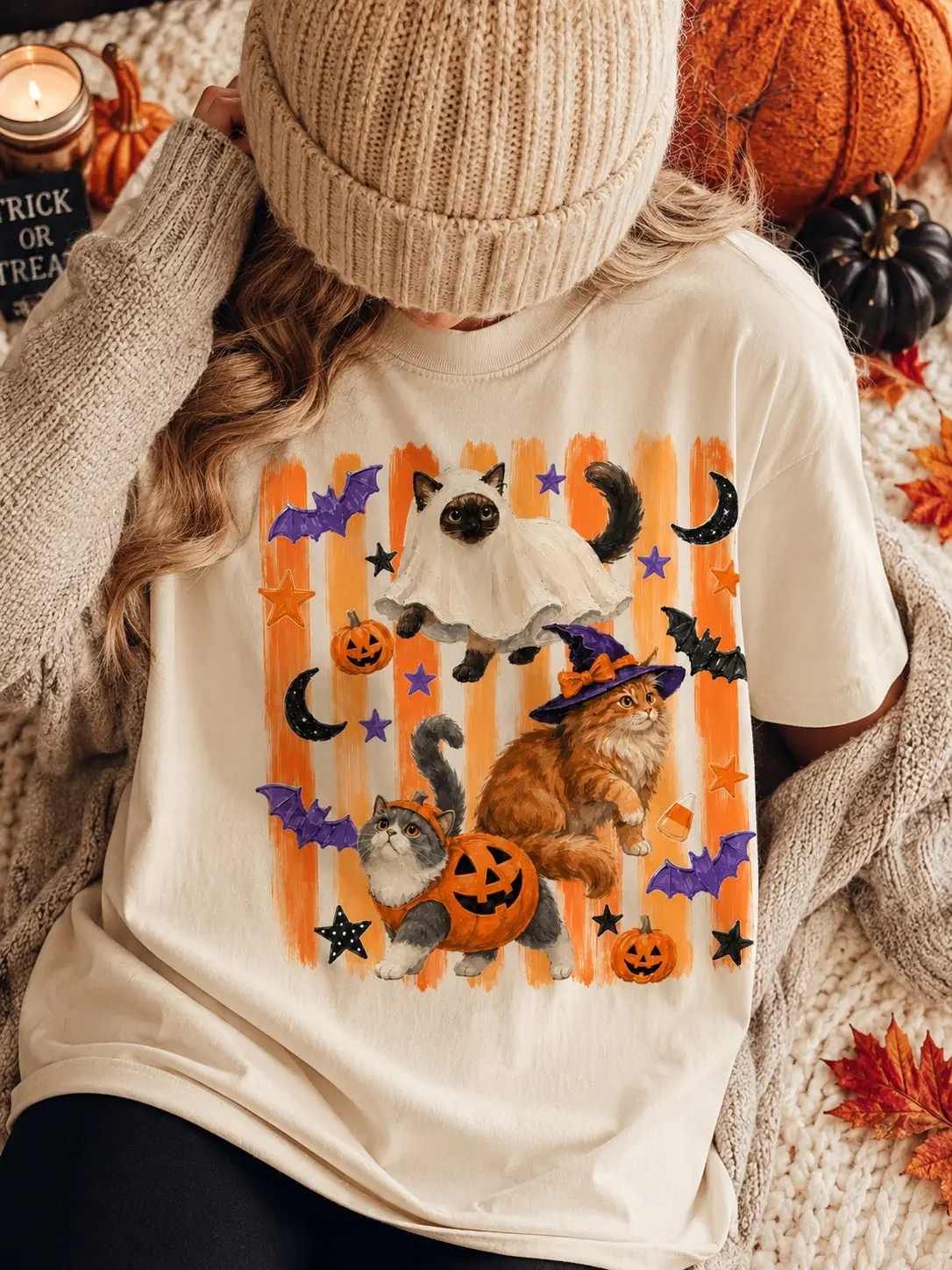 Comfort Colors Spooky and Feral Cat Lover Shirt, Unisex Stripes Creepy Cute Ghost Halloween Tee - photo 2