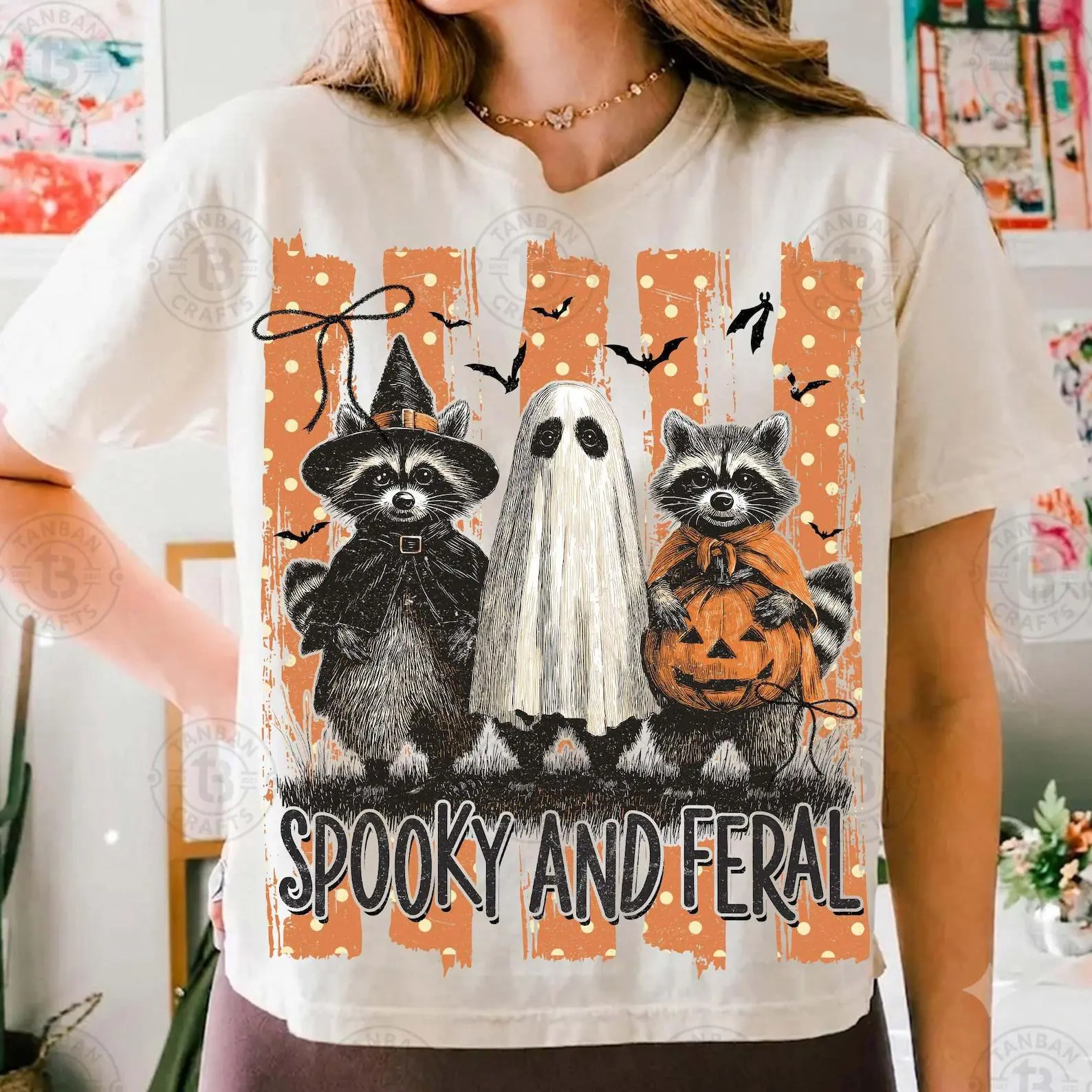 Comfort Colors Spooky And Feral Raccoon Shirt, Striped Creepy Cute Ghost Halloween Girl Mama Gift - photo 2