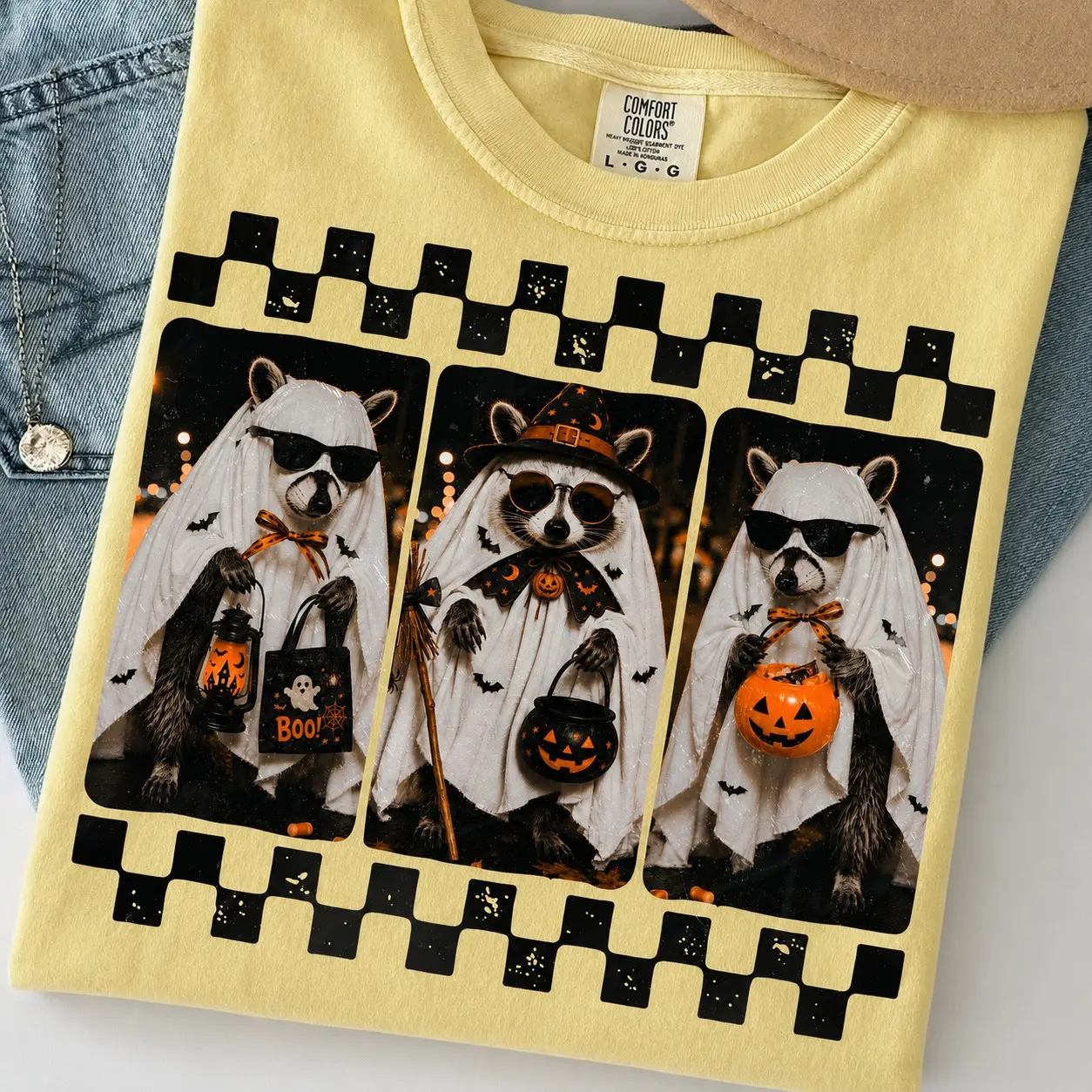 Comfort Colors Stripes Spooky And Feral Halloween Raccoon Shirt, Creepy Cute Ghost Mama Girl Graphic Tee - photo 3