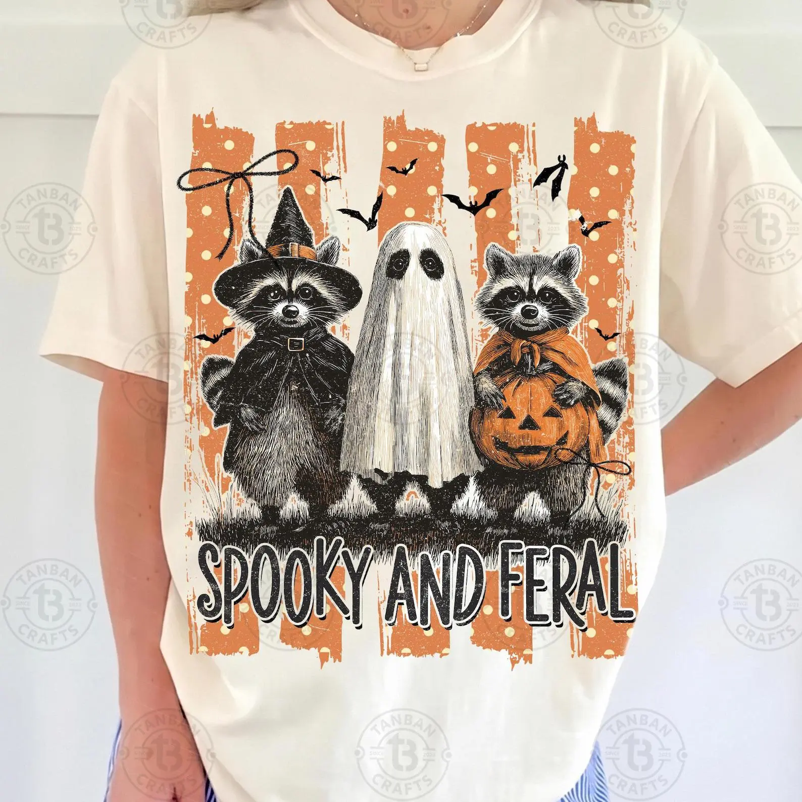 Comfort Colors Spooky And Feral Raccoon Shirt, Striped Creepy Cute Ghost Halloween Girl Mama Gift - photo 4