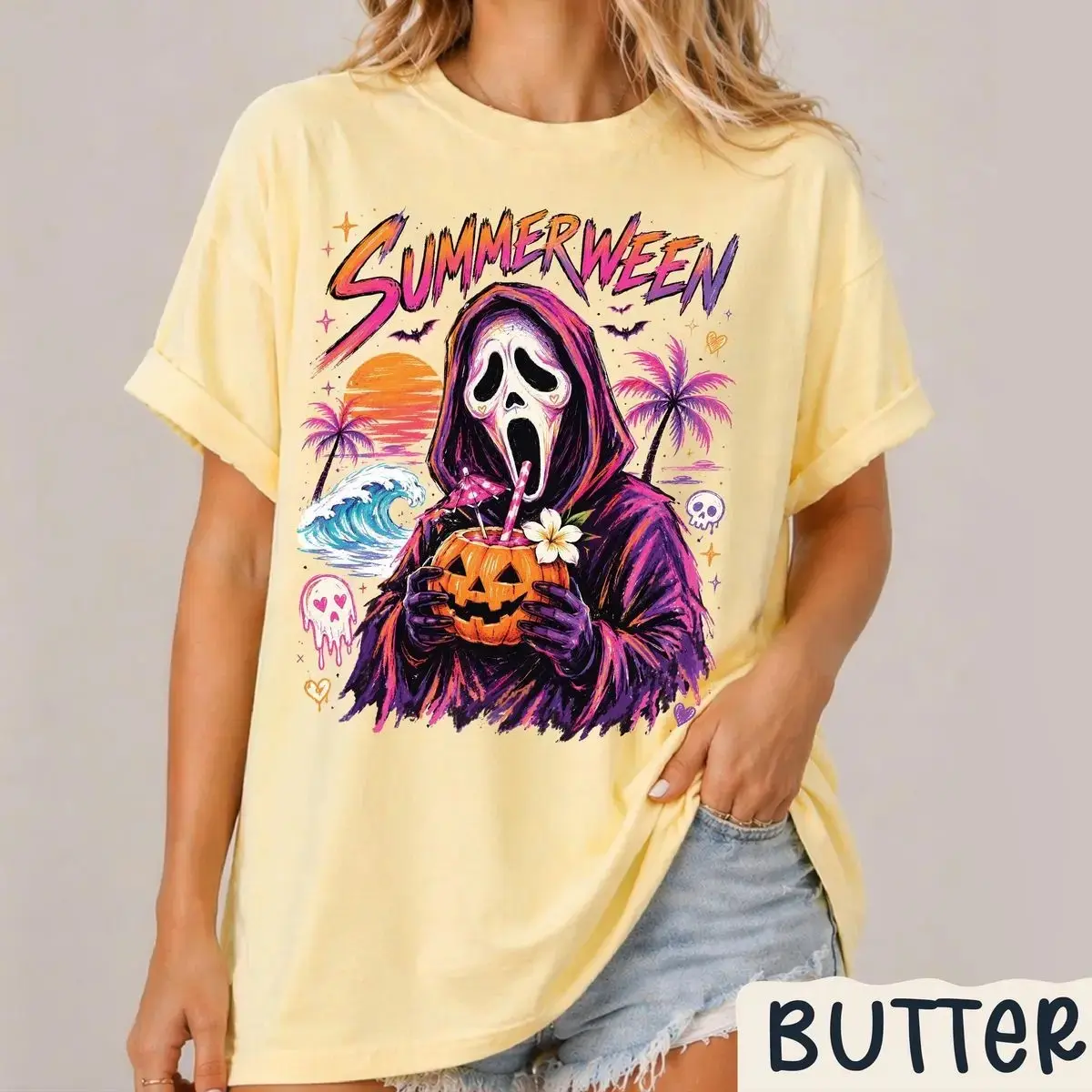 Comfort Colors Summerween Shirt, Retro Horror Spooky Ghost Beach Vacation Halloween Summer Unisex Tee