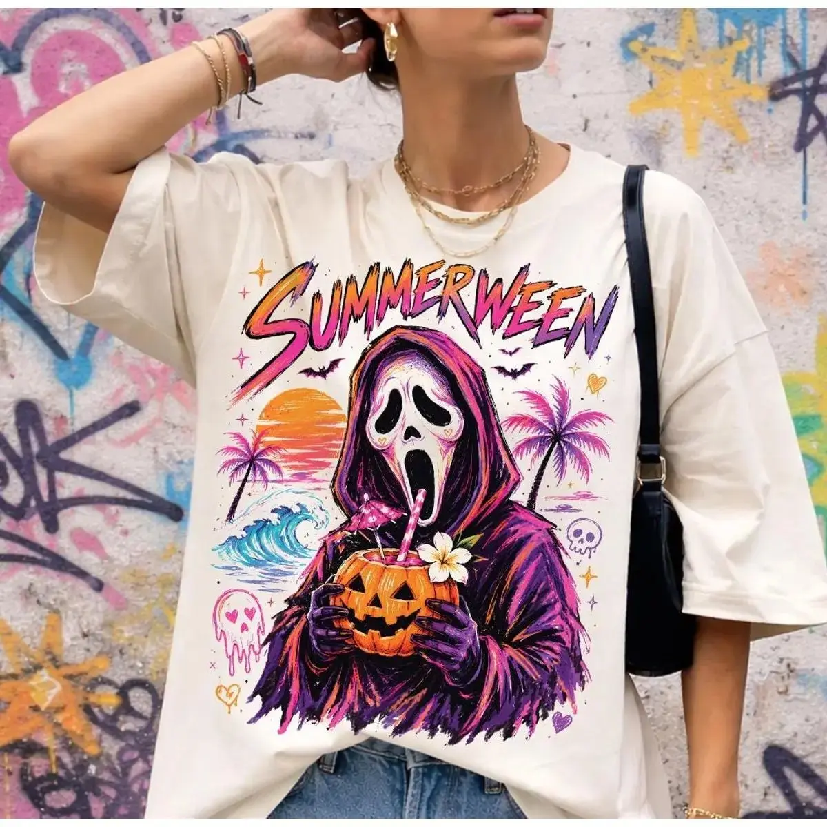 Comfort Colors Summerween Shirt, Retro Horror Spooky Ghost Beach Vacation Halloween Summer Unisex Tee - photo 2