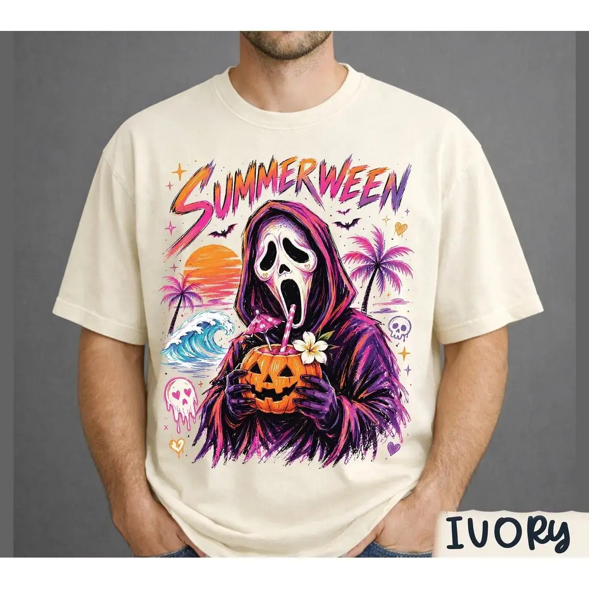 Comfort Colors Summerween Shirt, Retro Horror Spooky Ghost Beach Vacation Halloween Summer Unisex Tee - photo 3