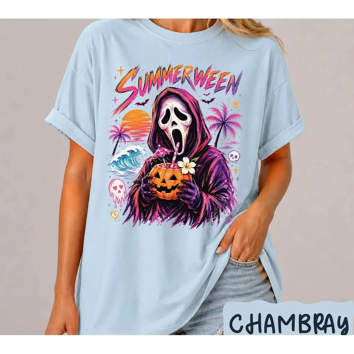Comfort Colors Summerween Shirt, Retro Horror Spooky Ghost Beach Vacation Halloween Summer Unisex Tee - photo 4