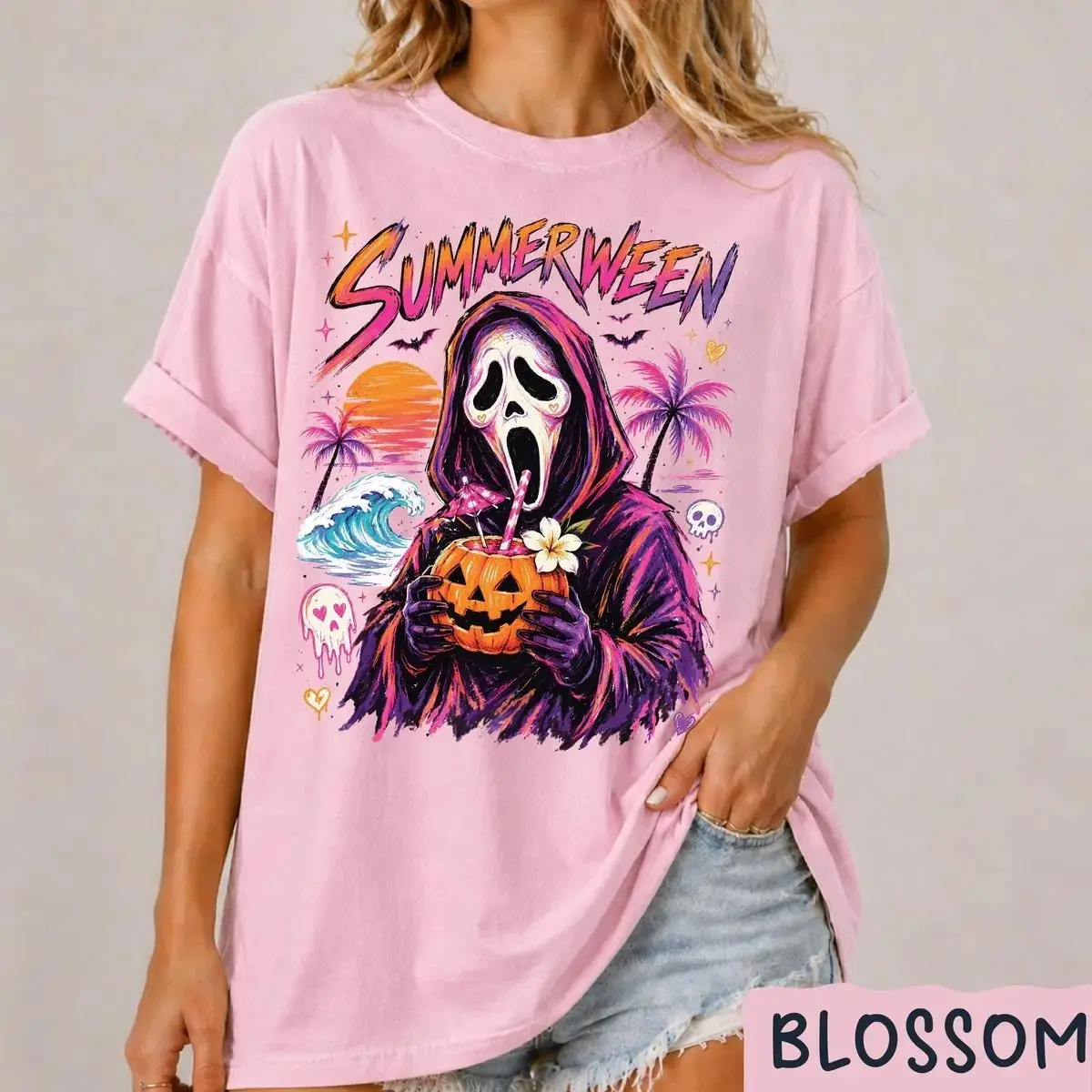 Comfort Colors Summerween Shirt, Retro Horror Spooky Ghost Beach Vacation Halloween Summer Unisex Tee - photo 5