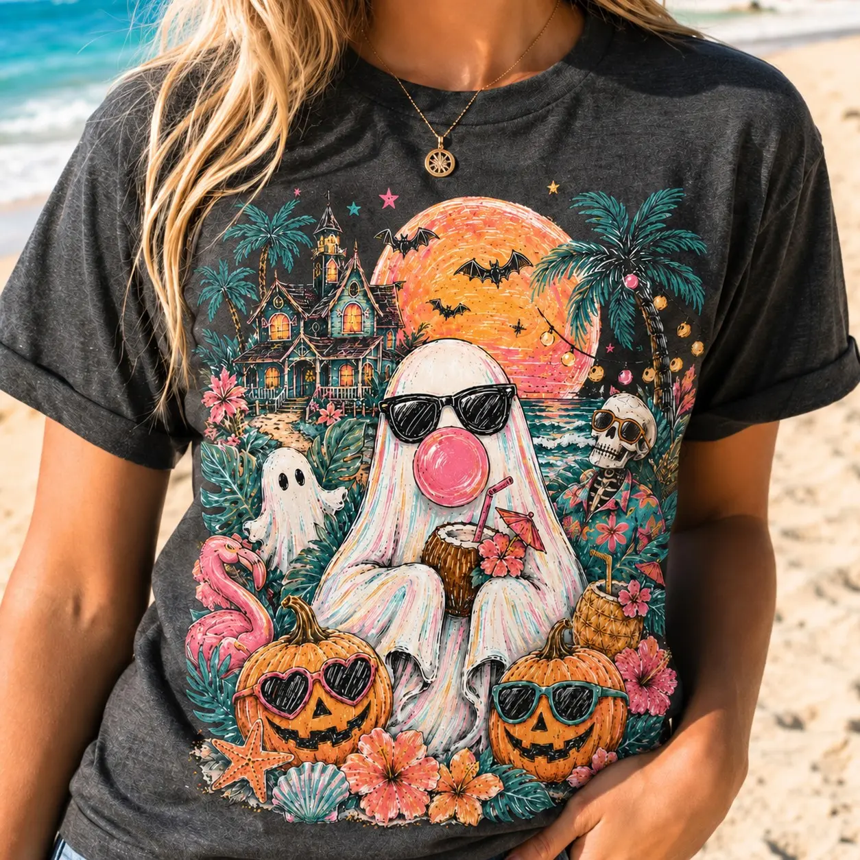 Comfort Colors Summerween Beach Ghost T-Shirt, Bubblegum Tropical Spooky Summer Vibes Halloween Graphic Tee
