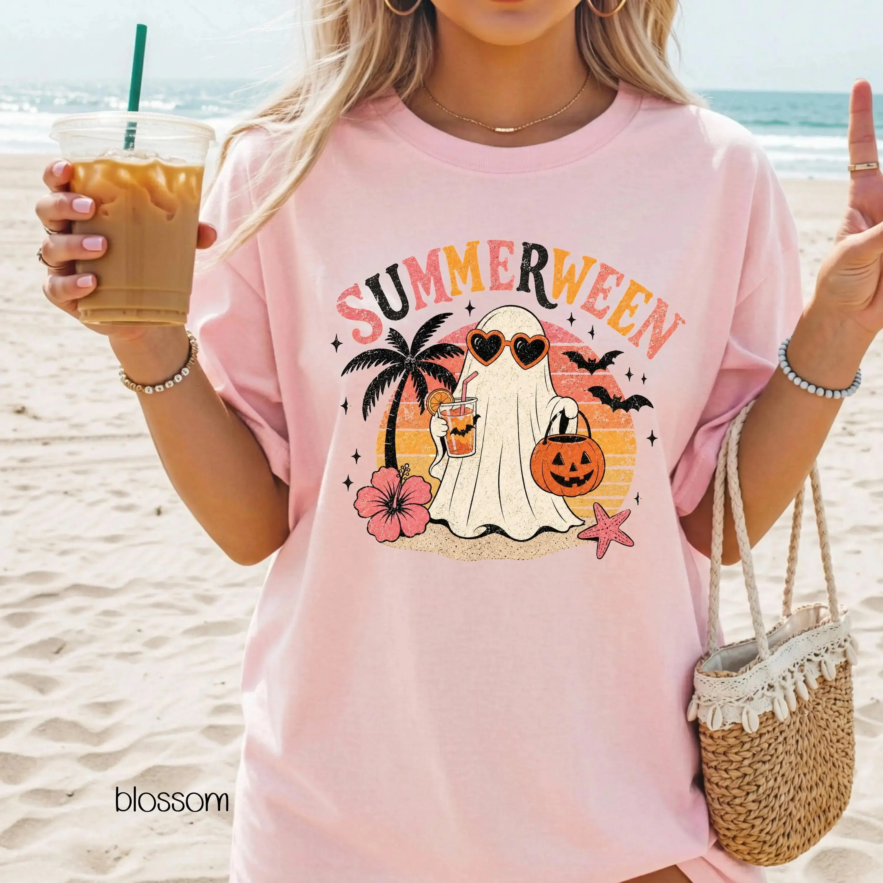 Comfort Colors Summerween Beach Shirt, Spooky Hot Ghoul Halloween Summer Womens Retro Skeleton Vacation Tee