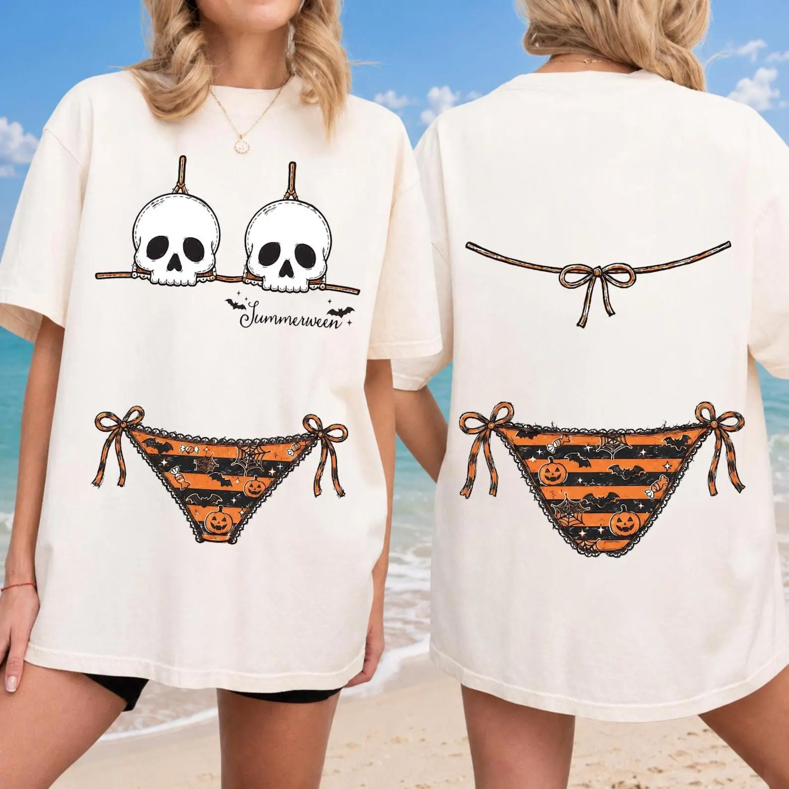 Comfort Colors Summerween Bikini Shirt, Spooky Summer Front and Back Skull Halloween Beach Girl Trip Tee