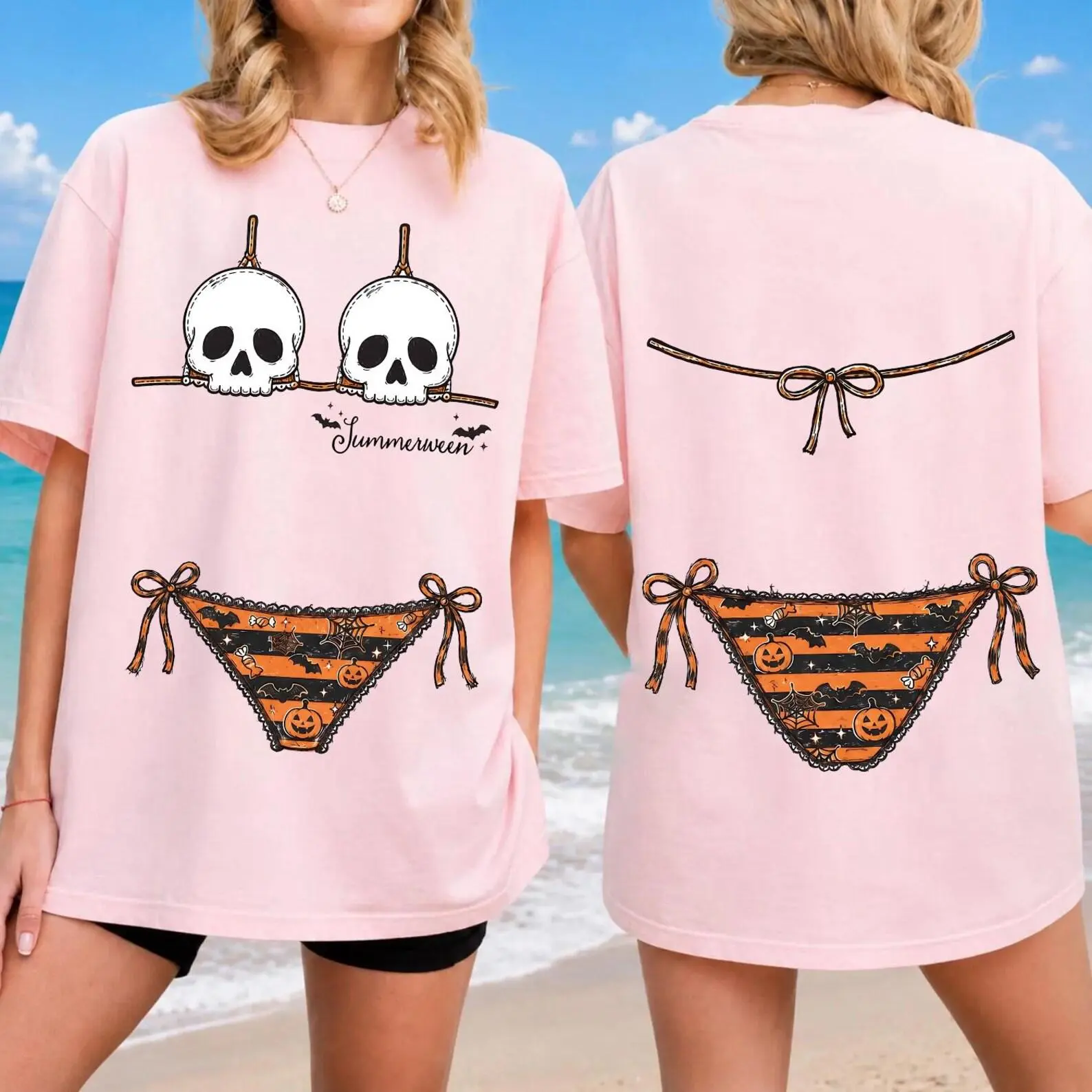 Comfort Colors Summerween Bikini Shirt, Spooky Summer Front and Back Skull Halloween Beach Girl Trip Tee - photo 2
