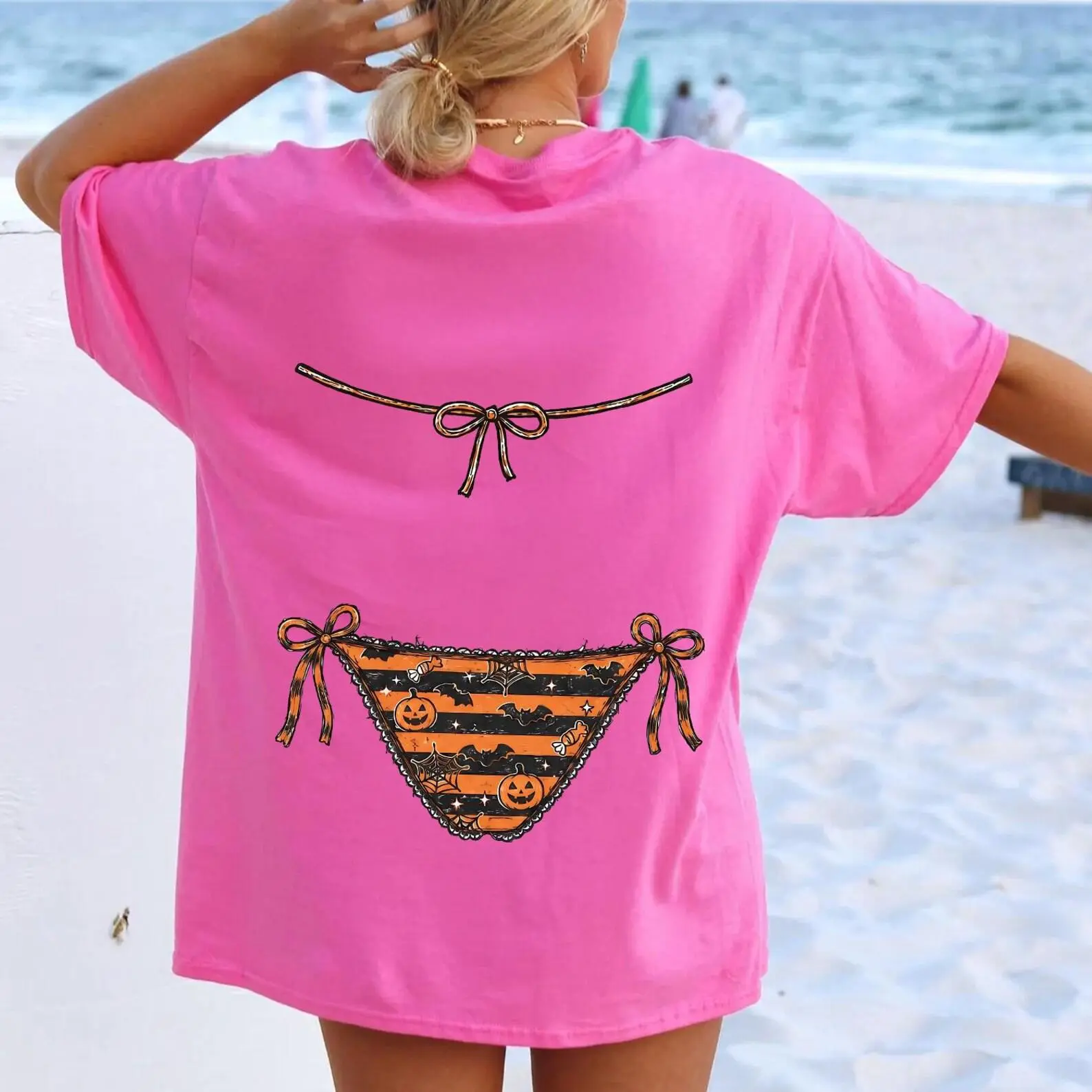Comfort Colors Summerween Bikini Shirt, Spooky Summer Front and Back Skull Halloween Beach Girl Trip Tee - photo 3