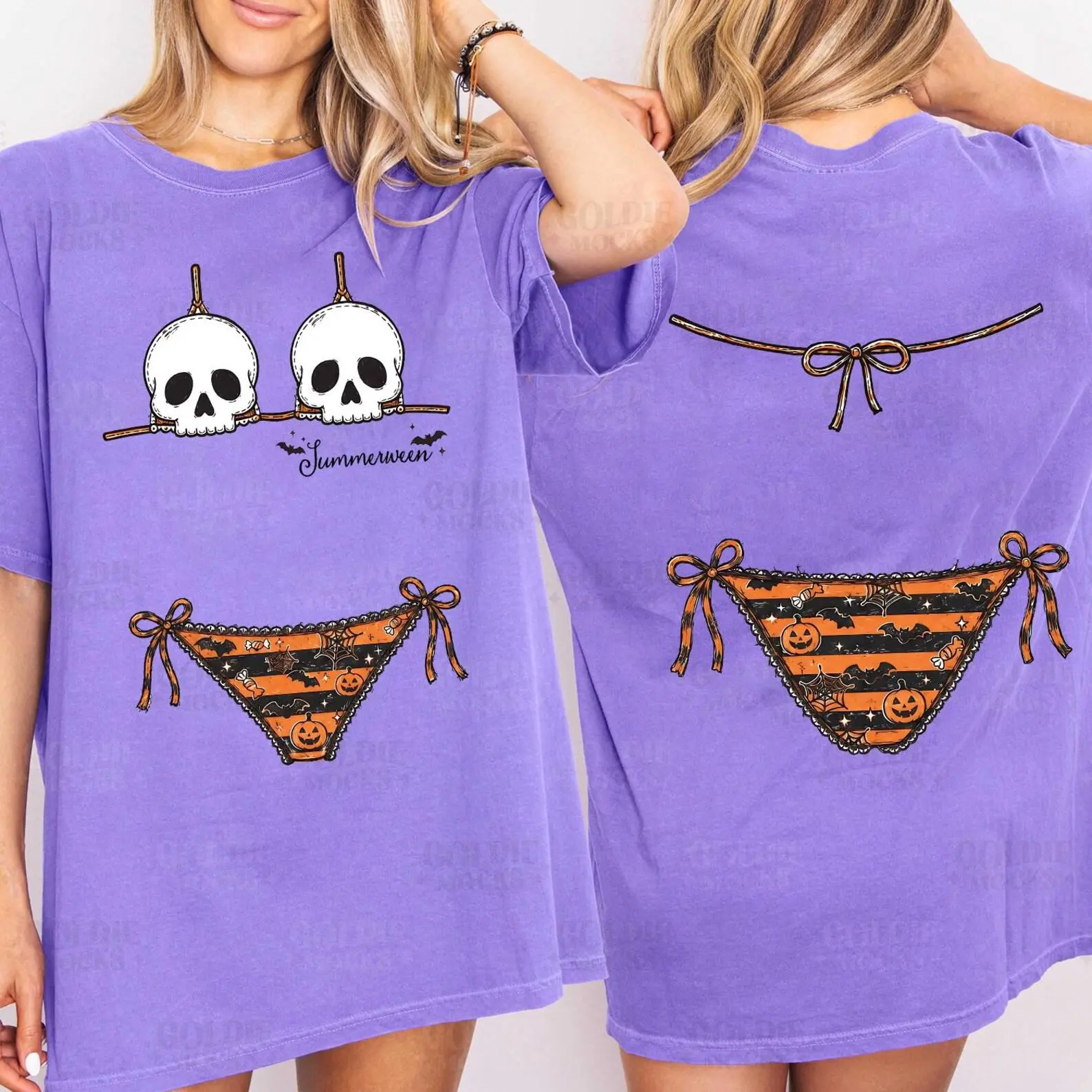 Comfort Colors Summerween Bikini Shirt, Spooky Summer Front and Back Skull Halloween Beach Girl Trip Tee - photo 4