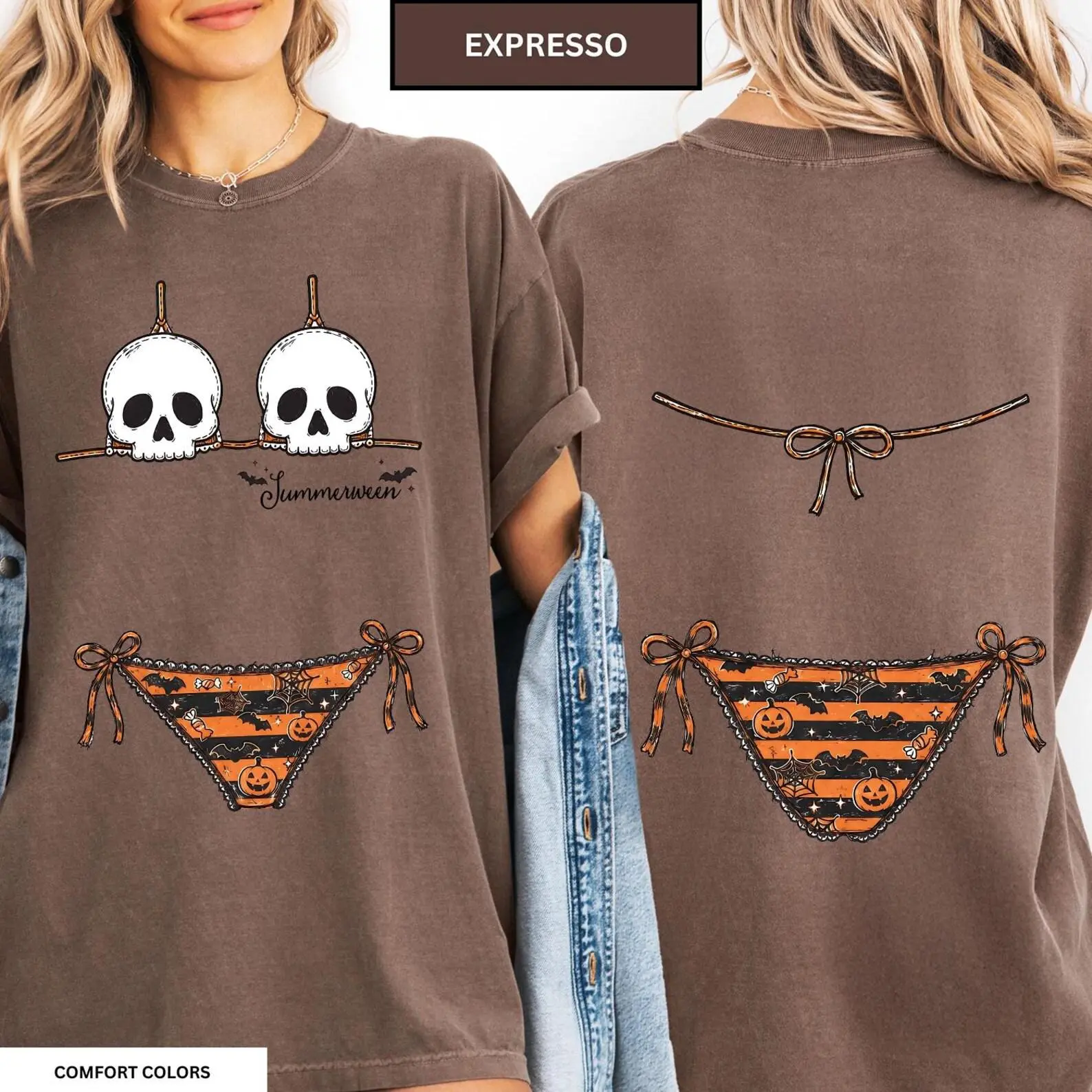 Comfort Colors Summerween Bikini Shirt, Spooky Summer Front and Back Skull Halloween Beach Girl Trip Tee - photo 5