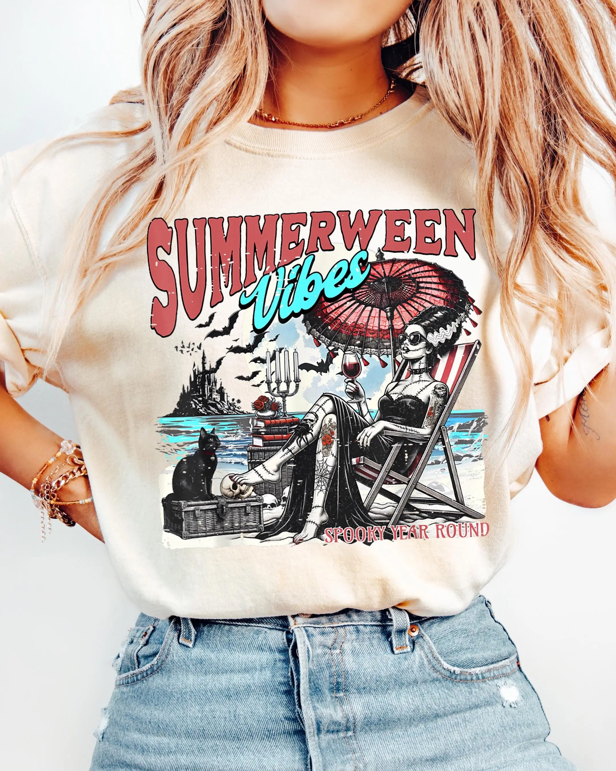 Comfort Colors Summerween Bride of Frankenstein Shirt, Spooky Summer Retro Beach Halloween July Tee