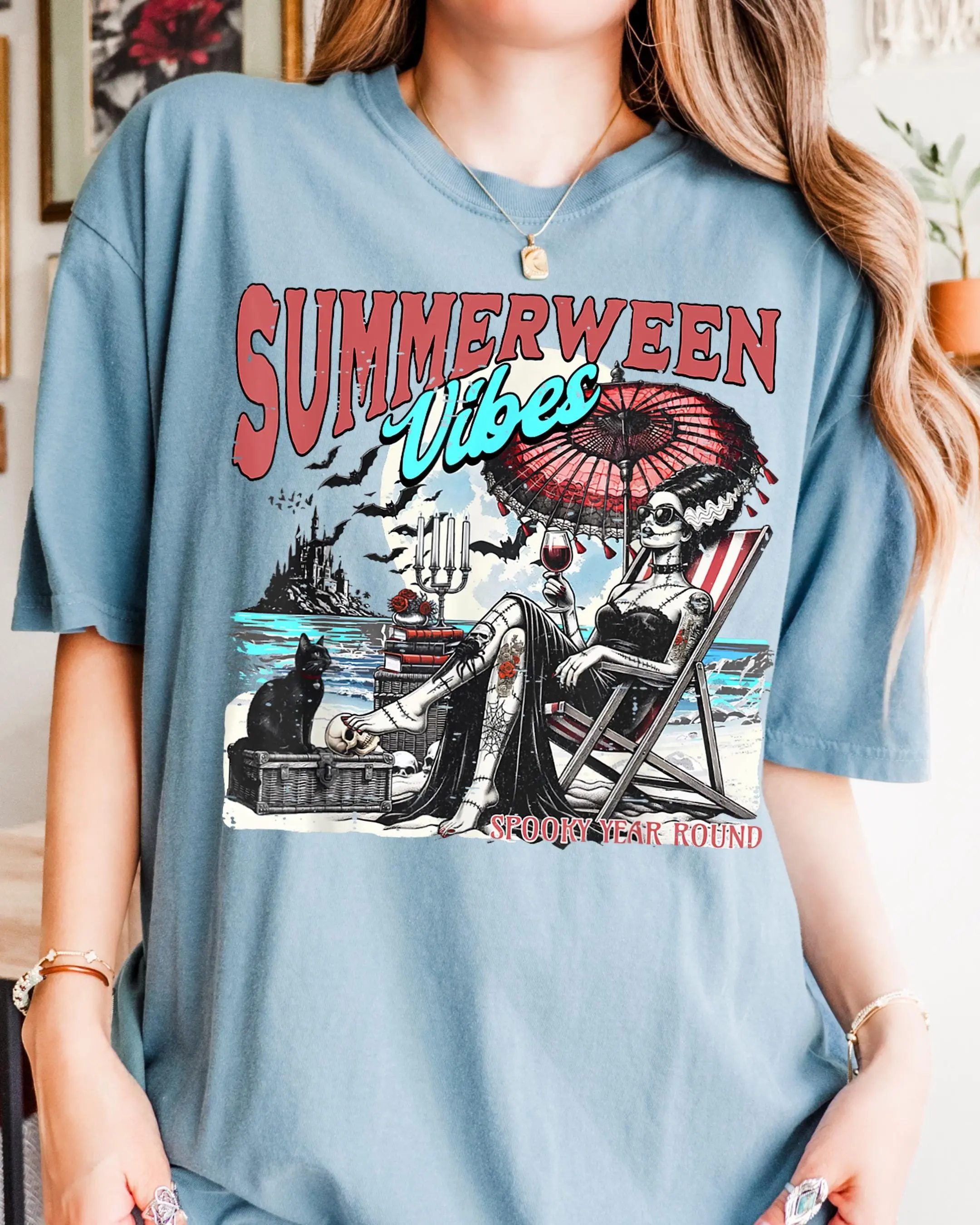 Comfort Colors Summerween Bride of Frankenstein Shirt, Spooky Summer Retro Beach Halloween July Tee - photo 2