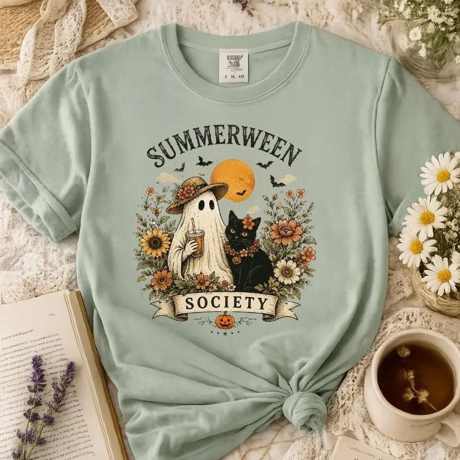 Comfort Colors Summerween Ghost Black Cat Halloween Tee, Cute Vintage Cottagecore Fall Graphic Shirt