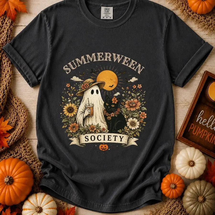 Comfort Colors Summerween Ghost Black Cat Halloween Tee, Cute Vintage Cottagecore Fall Graphic Shirt - photo 2