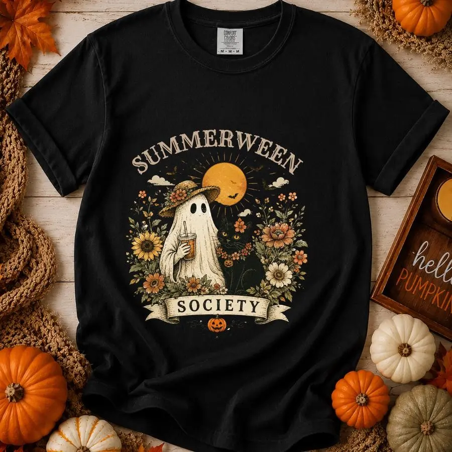 Comfort Colors Summerween Ghost Black Cat Halloween Tee, Cute Vintage Cottagecore Fall Graphic Shirt - photo 3