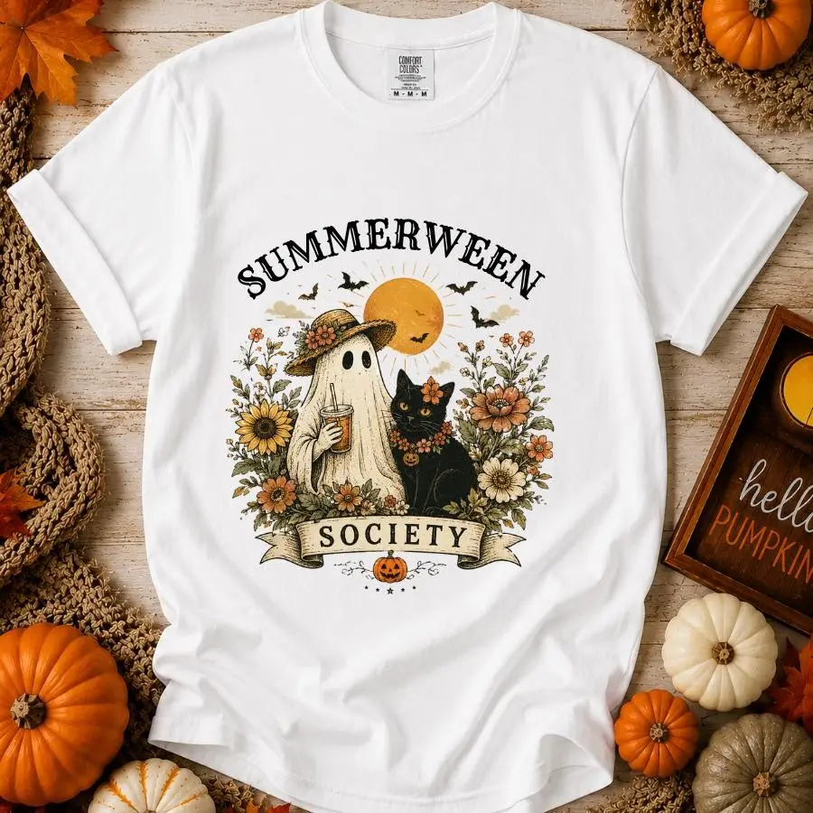 Comfort Colors Summerween Ghost Black Cat Halloween Tee, Cute Vintage Cottagecore Fall Graphic Shirt - photo 4