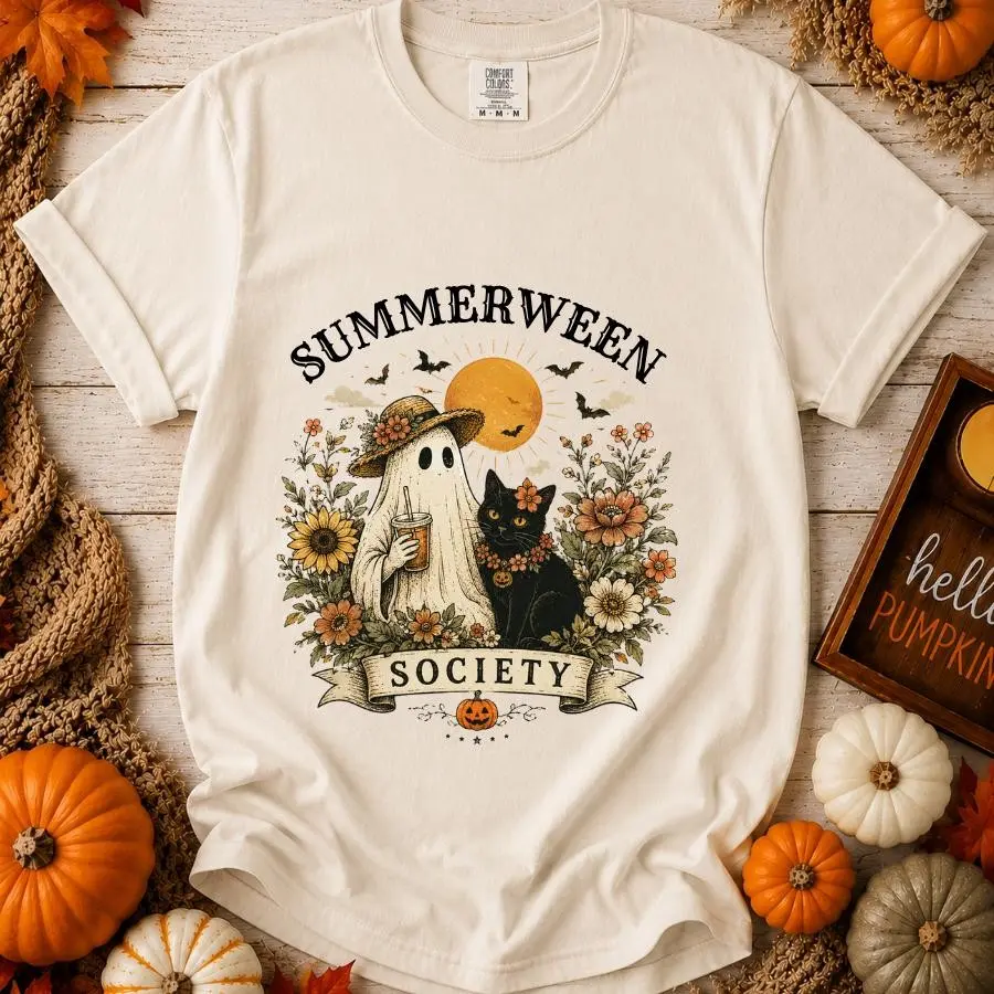 Comfort Colors Summerween Ghost Black Cat Halloween Tee, Cute Vintage Cottagecore Fall Graphic Shirt - photo 5