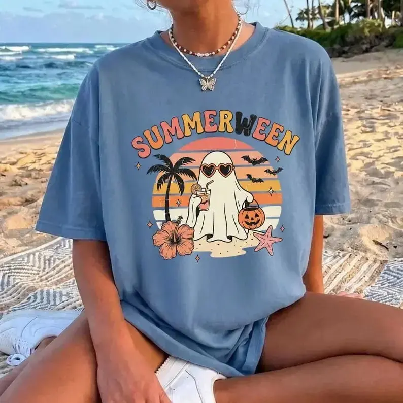 Comfort Colors Summerween Ghost Shirt, Cute Beach Graphic Tee, Retro Coastal Halloween Spooky Summer Vacation Vintage Top