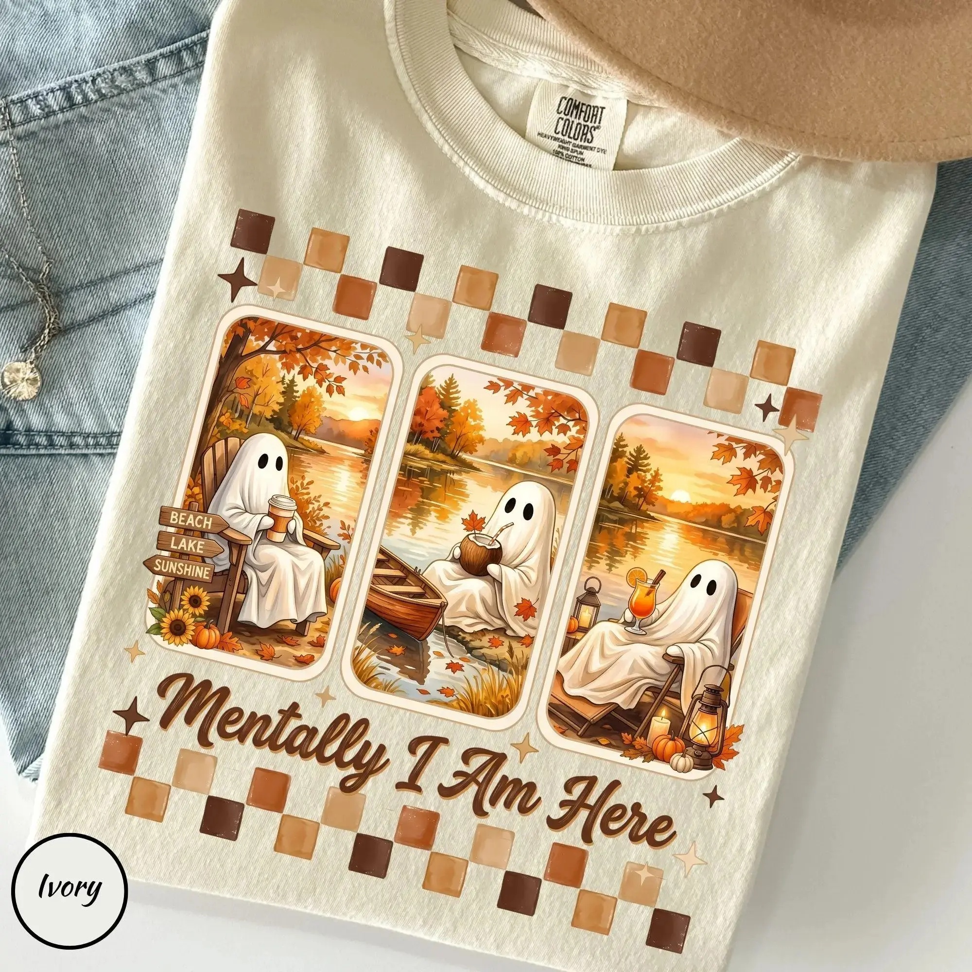 Comfort Colors Mentally I Am Here Summerween Ghost Shirt, Trendy Cute Funny Retro Fall Halloween Tee