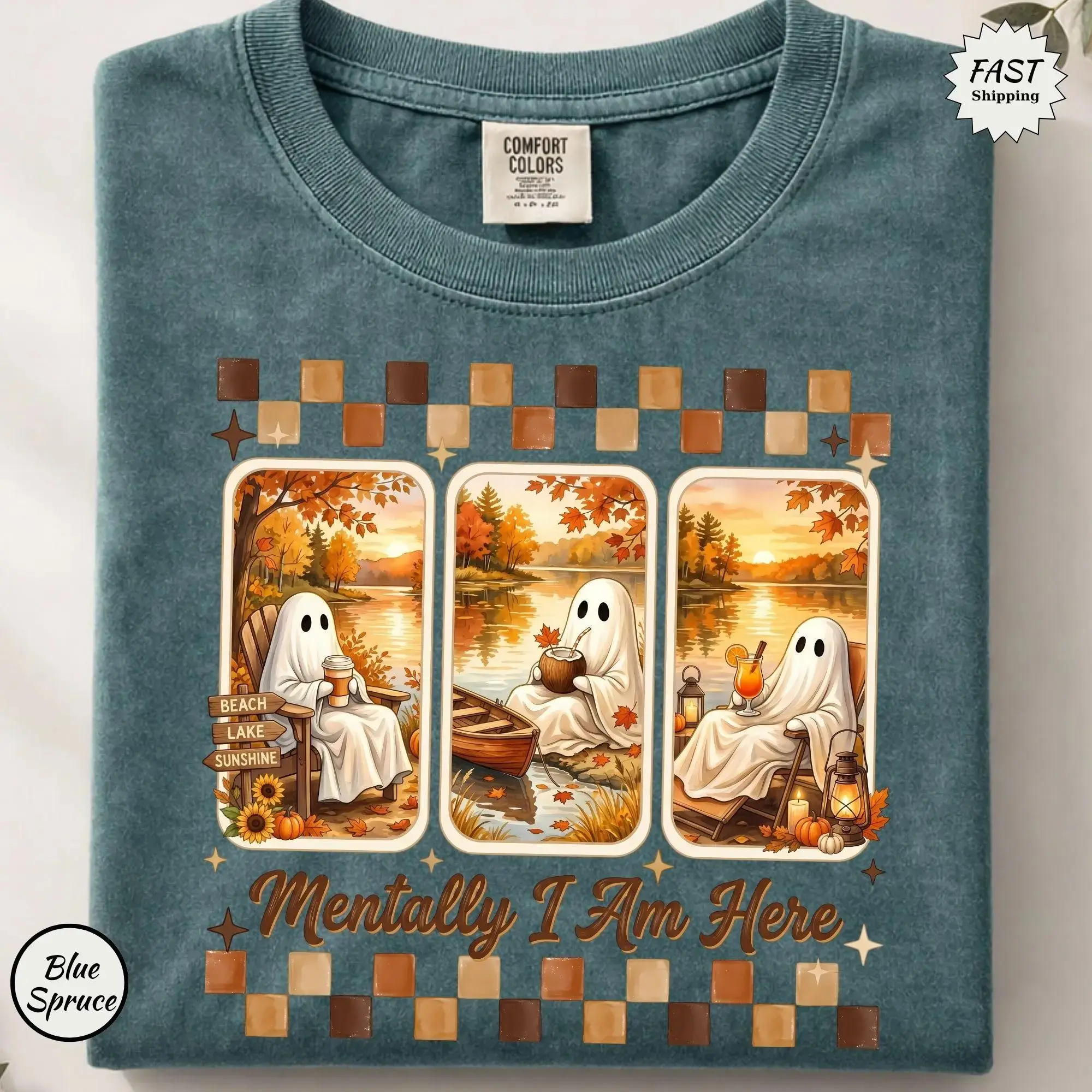 Comfort Colors Mentally I Am Here Summerween Ghost Shirt, Trendy Cute Funny Retro Fall Halloween Tee - photo 2