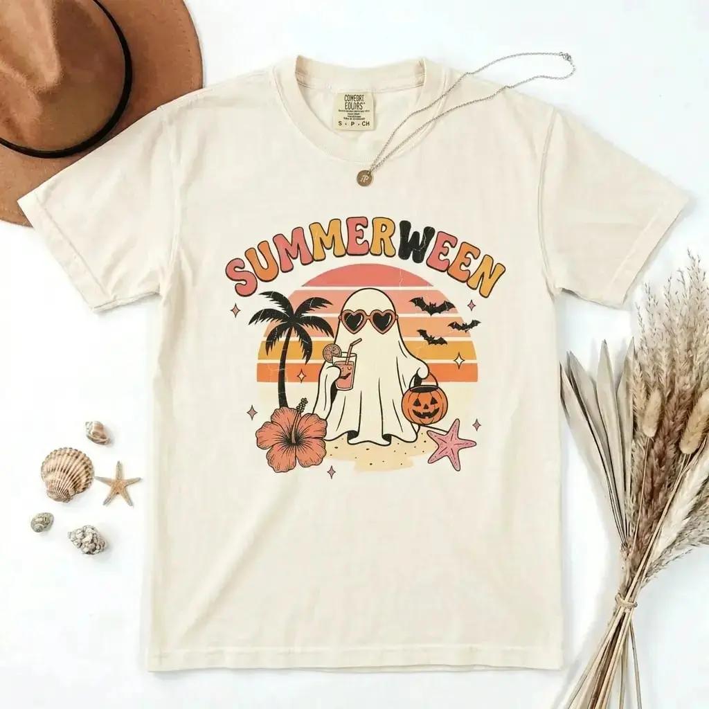 Comfort Colors Summerween Ghost Shirt, Cute Beach Graphic Tee, Retro Coastal Halloween Spooky Summer Vacation Vintage Top - photo 2