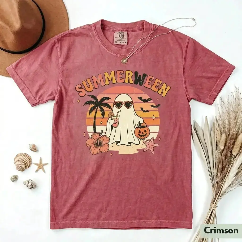 Comfort Colors Summerween Ghost Shirt, Cute Beach Graphic Tee, Retro Coastal Halloween Spooky Summer Vacation Vintage Top - photo 3