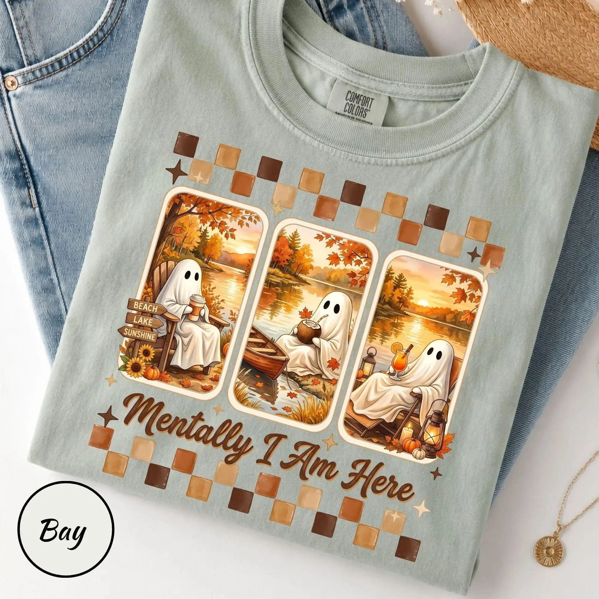 Comfort Colors Mentally I Am Here Summerween Ghost Shirt, Trendy Cute Funny Retro Fall Halloween Tee - photo 3