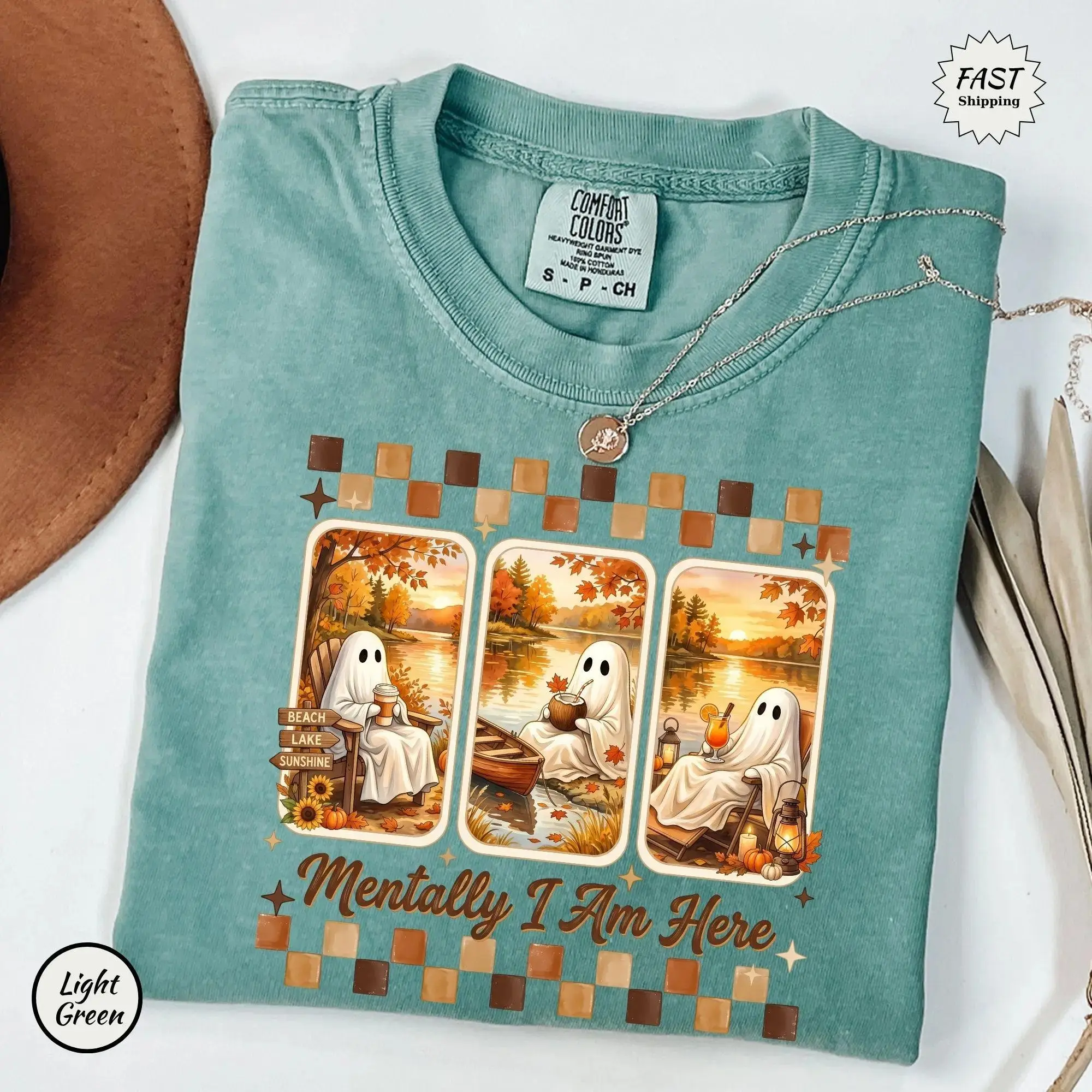 Comfort Colors Mentally I Am Here Summerween Ghost Shirt, Trendy Cute Funny Retro Fall Halloween Tee - photo 4