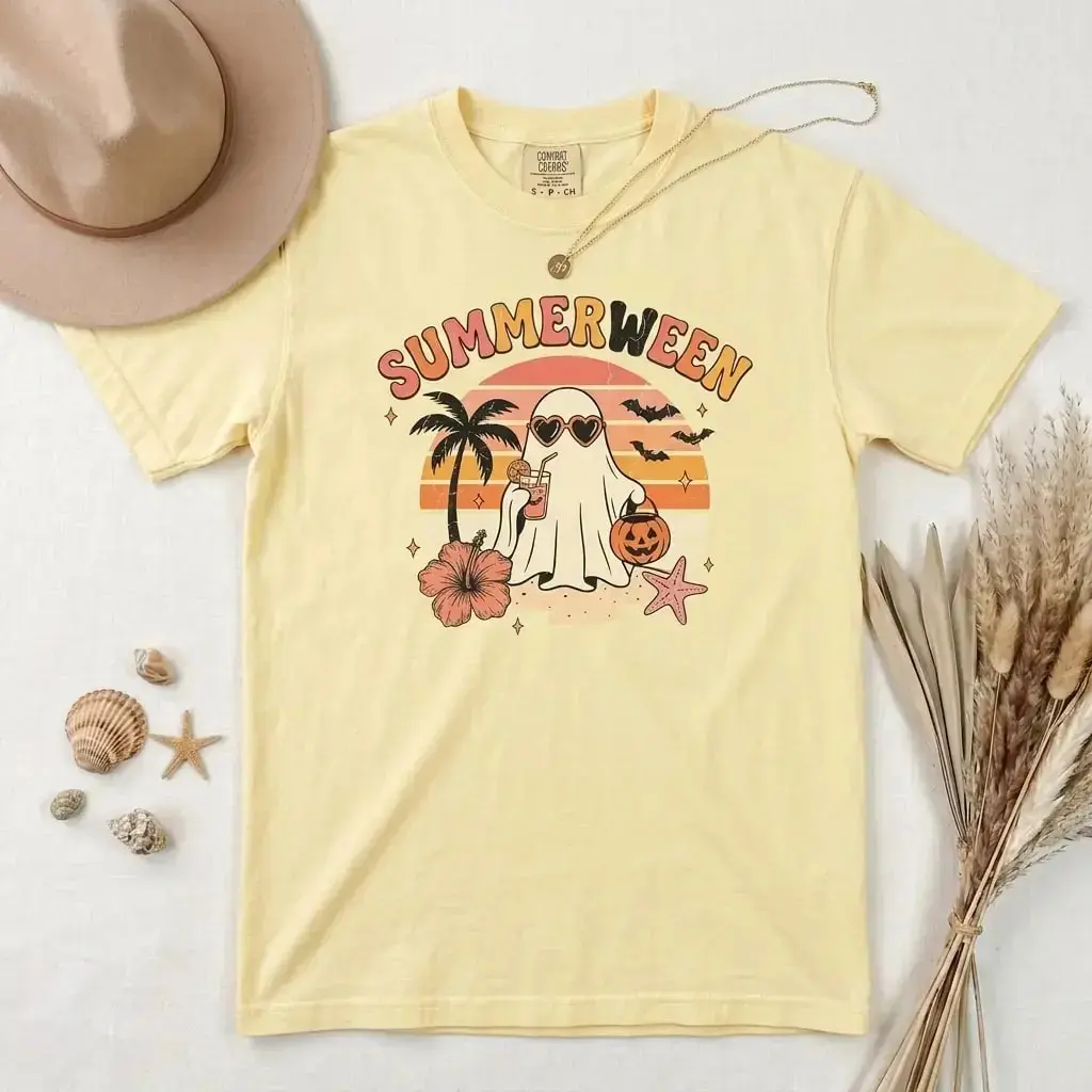 Comfort Colors Summerween Ghost Shirt, Cute Beach Graphic Tee, Retro Coastal Halloween Spooky Summer Vacation Vintage Top - photo 4