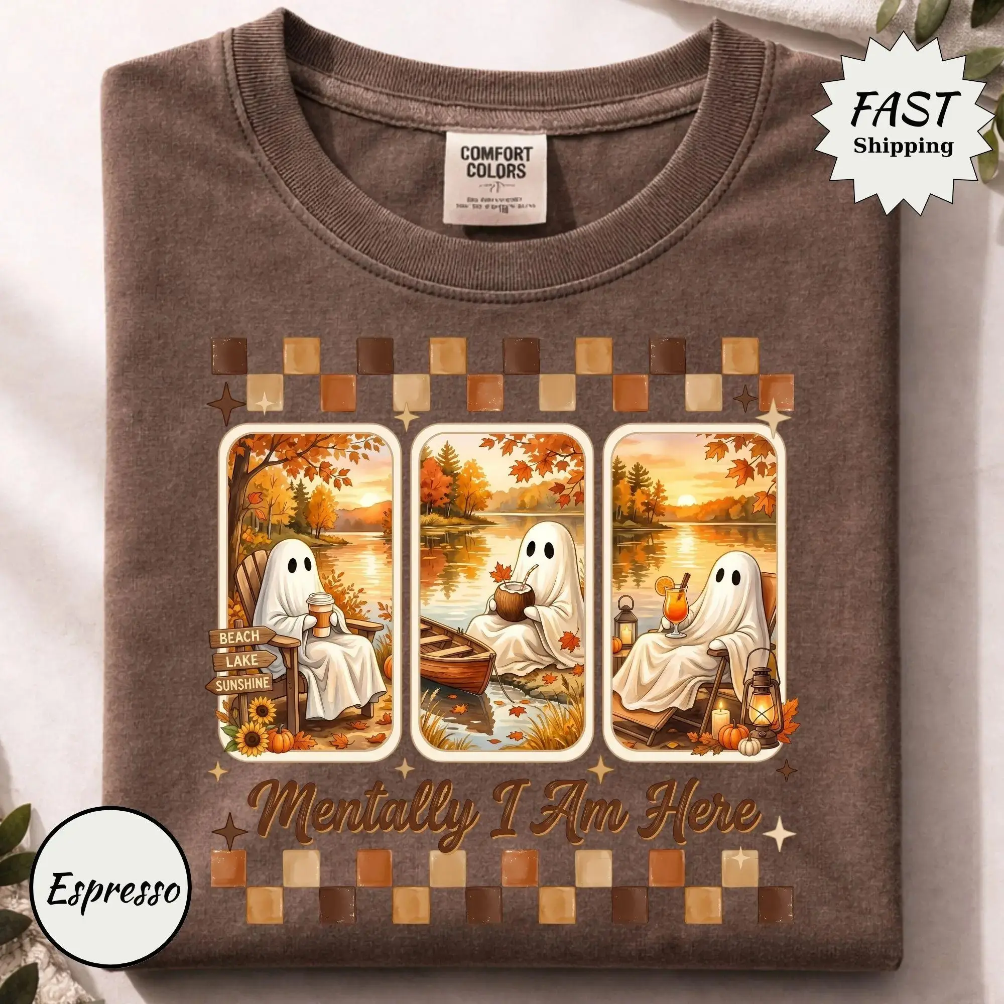 Comfort Colors Mentally I Am Here Summerween Ghost Shirt, Trendy Cute Funny Retro Fall Halloween Tee - photo 5