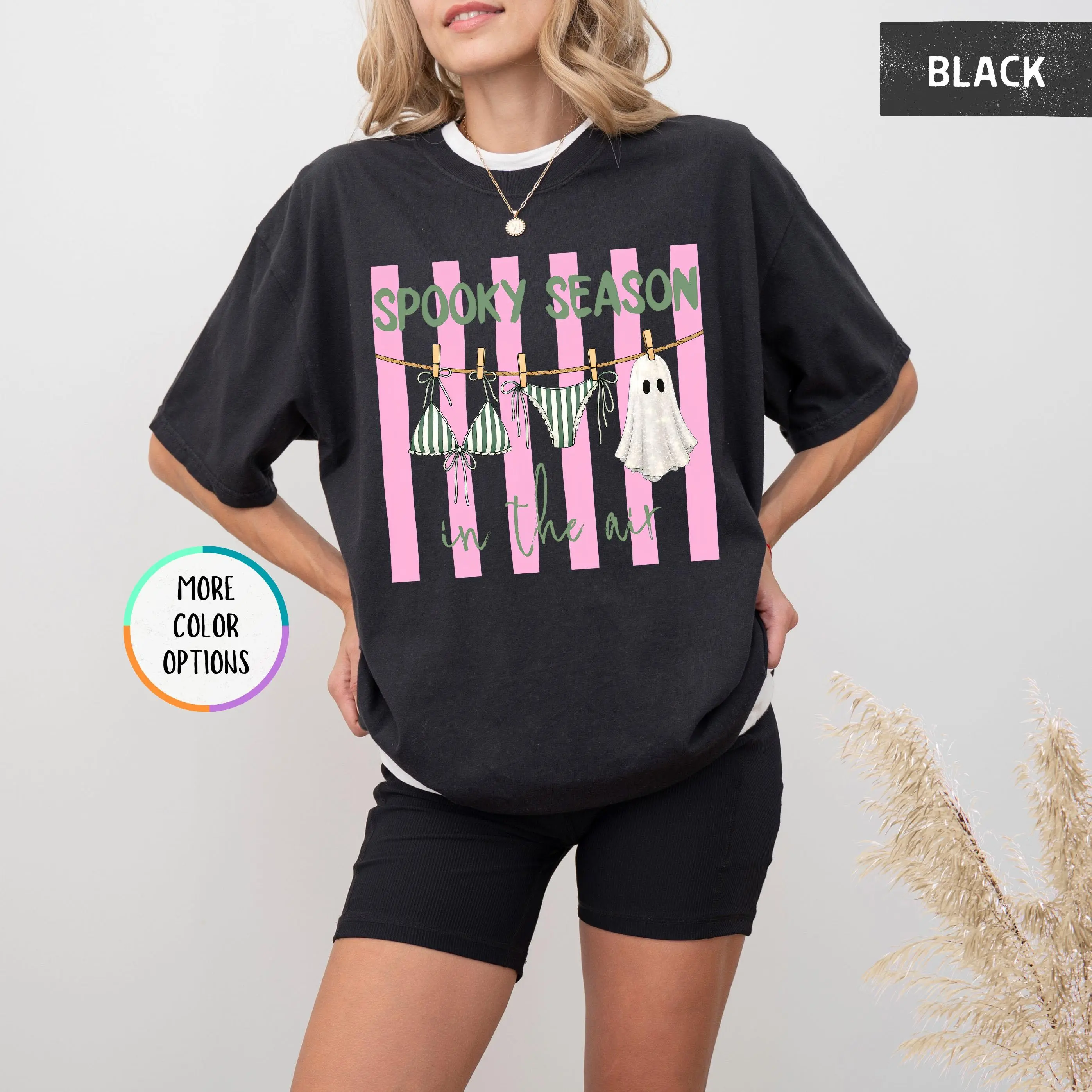 Comfort Colors Summerween Shirt, Spooky Season in the Air Pink Ghost Halloween in July Beach Bikini Tee