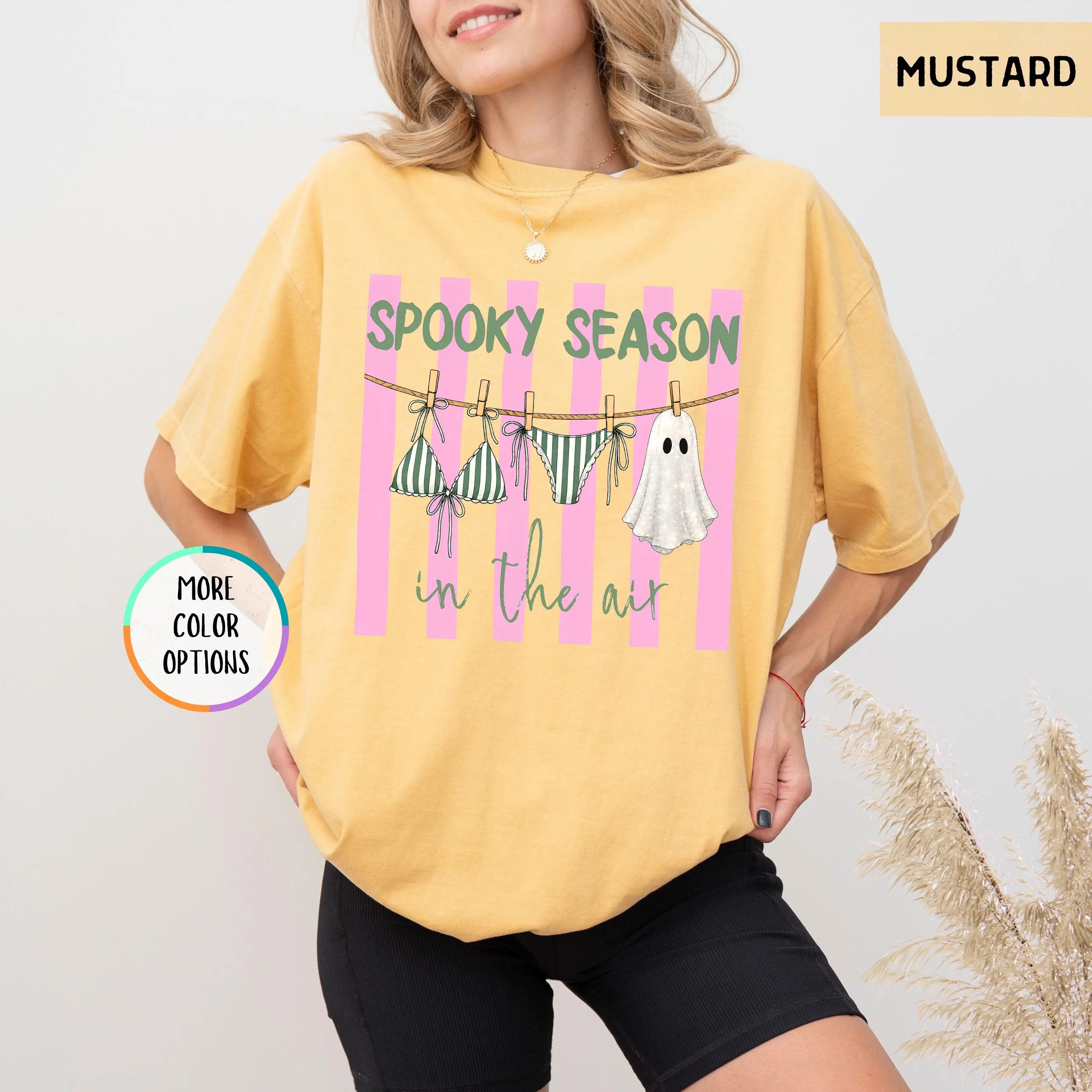 Comfort Colors Summerween Shirt, Spooky Season in the Air Pink Ghost Halloween in July Beach Bikini Tee - photo 2