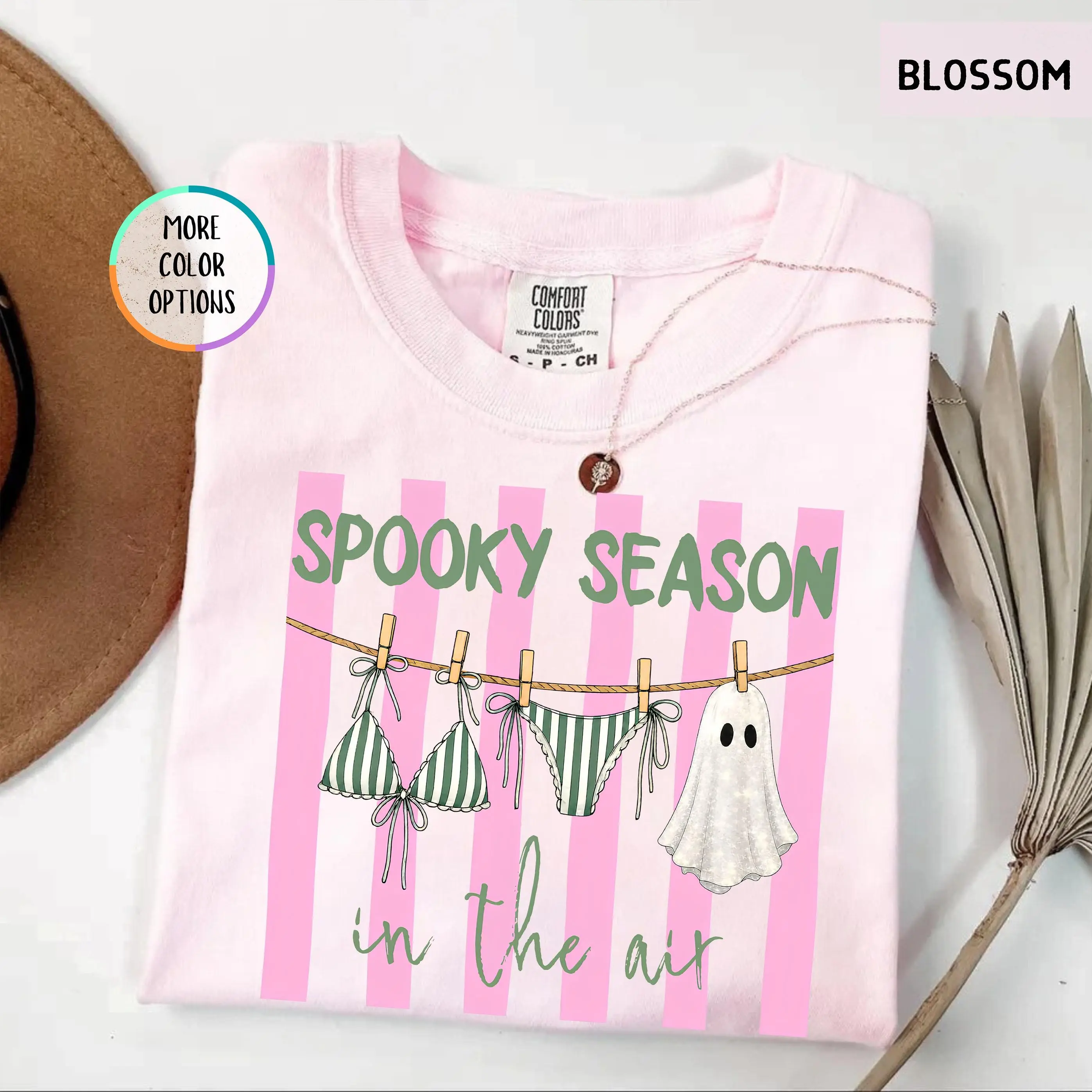 Comfort Colors Summerween Shirt, Spooky Season in the Air Pink Ghost Halloween in July Beach Bikini Tee - photo 3
