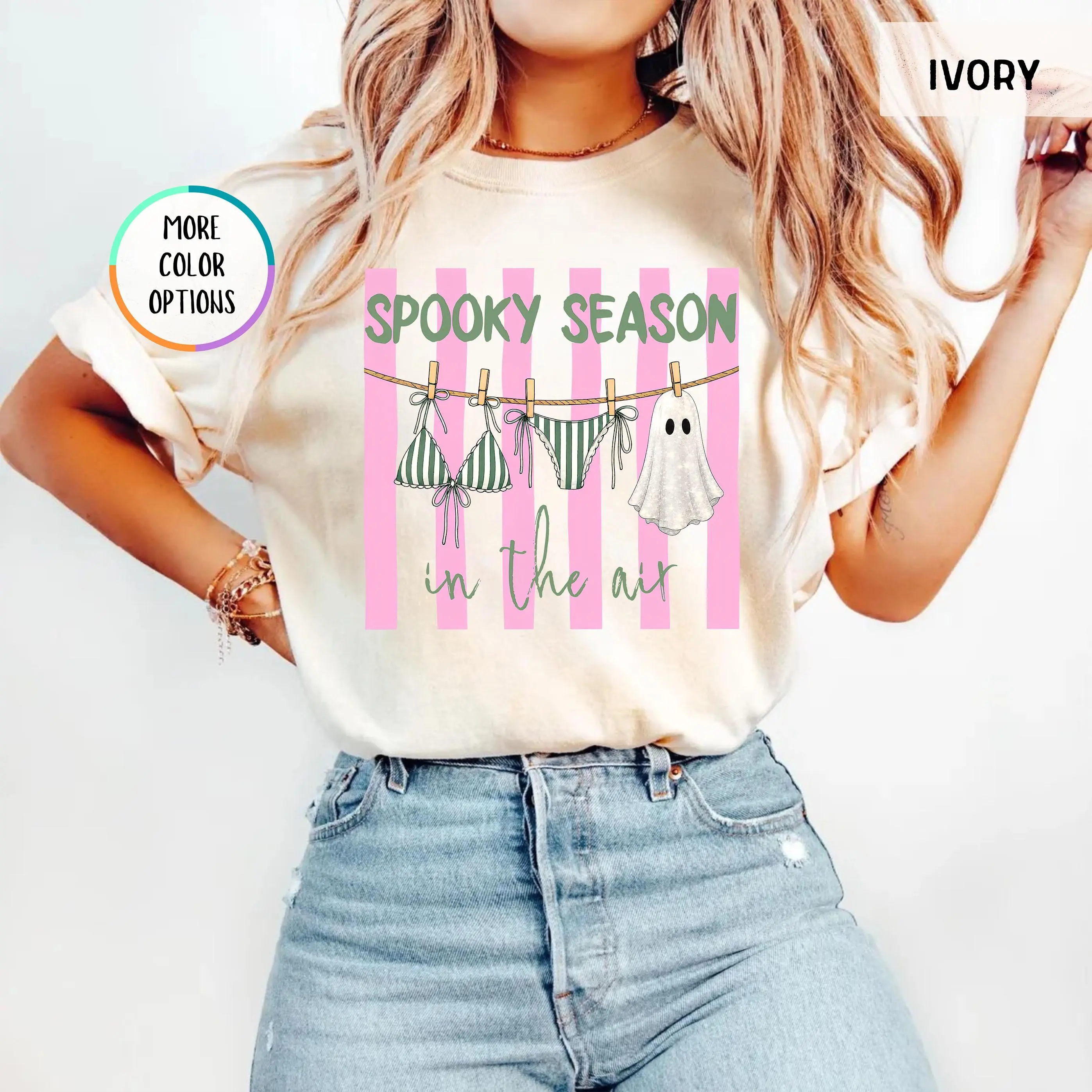 Comfort Colors Summerween Shirt, Spooky Season in the Air Pink Ghost Halloween in July Beach Bikini Tee - photo 4