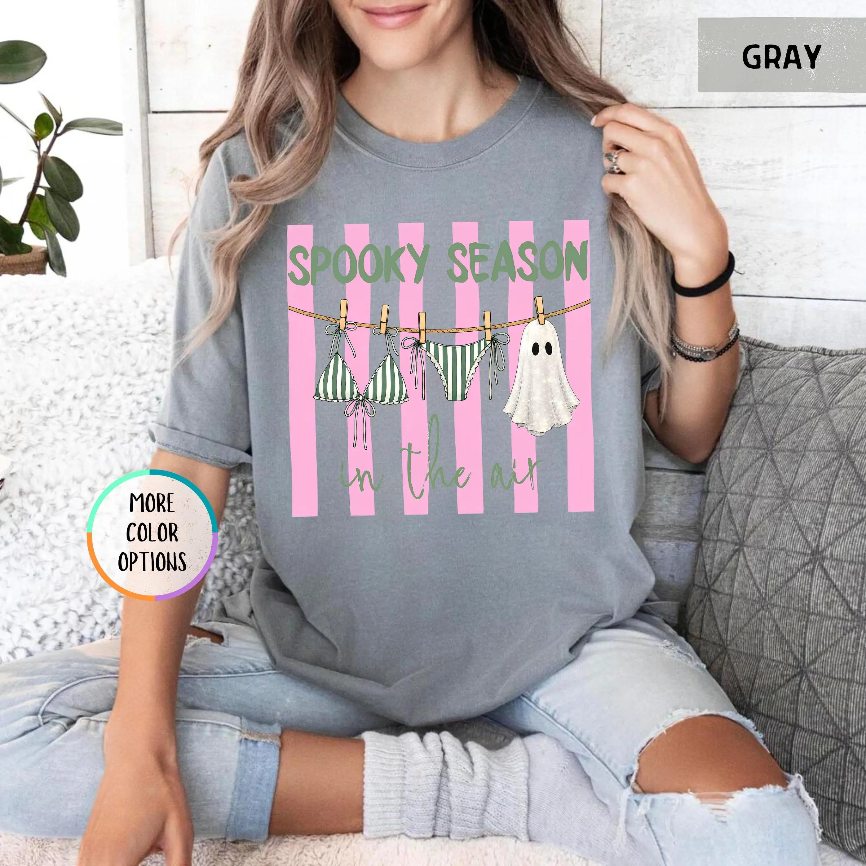 Comfort Colors Summerween Shirt, Spooky Season in the Air Pink Ghost Halloween in July Beach Bikini Tee - photo 5