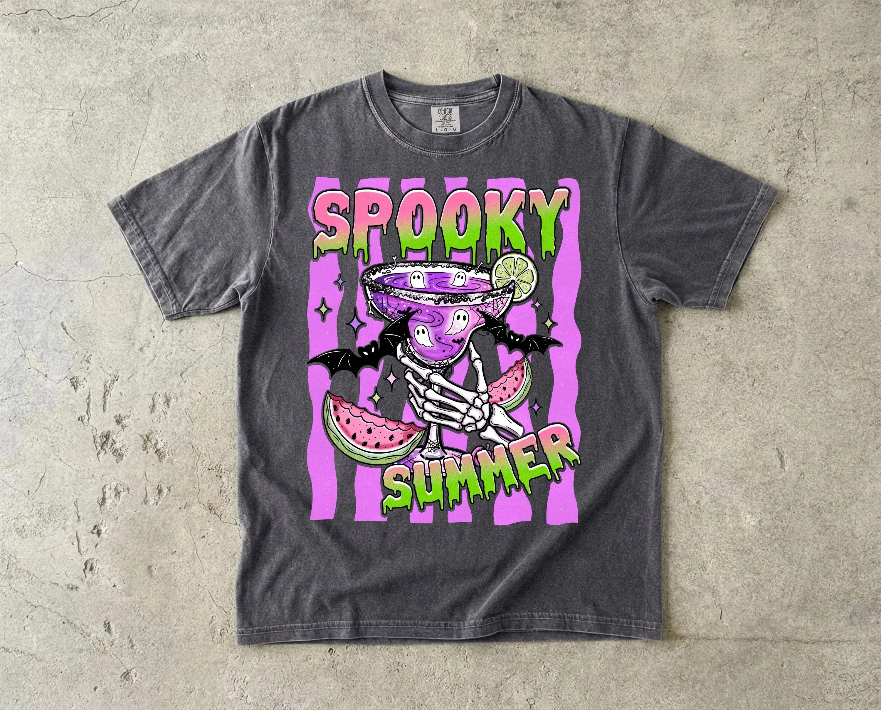 Comfort Colors Summerween Shirt, Striped Cute Ghost Cocktail Pastel Goth Halloween Beach Tee for Women