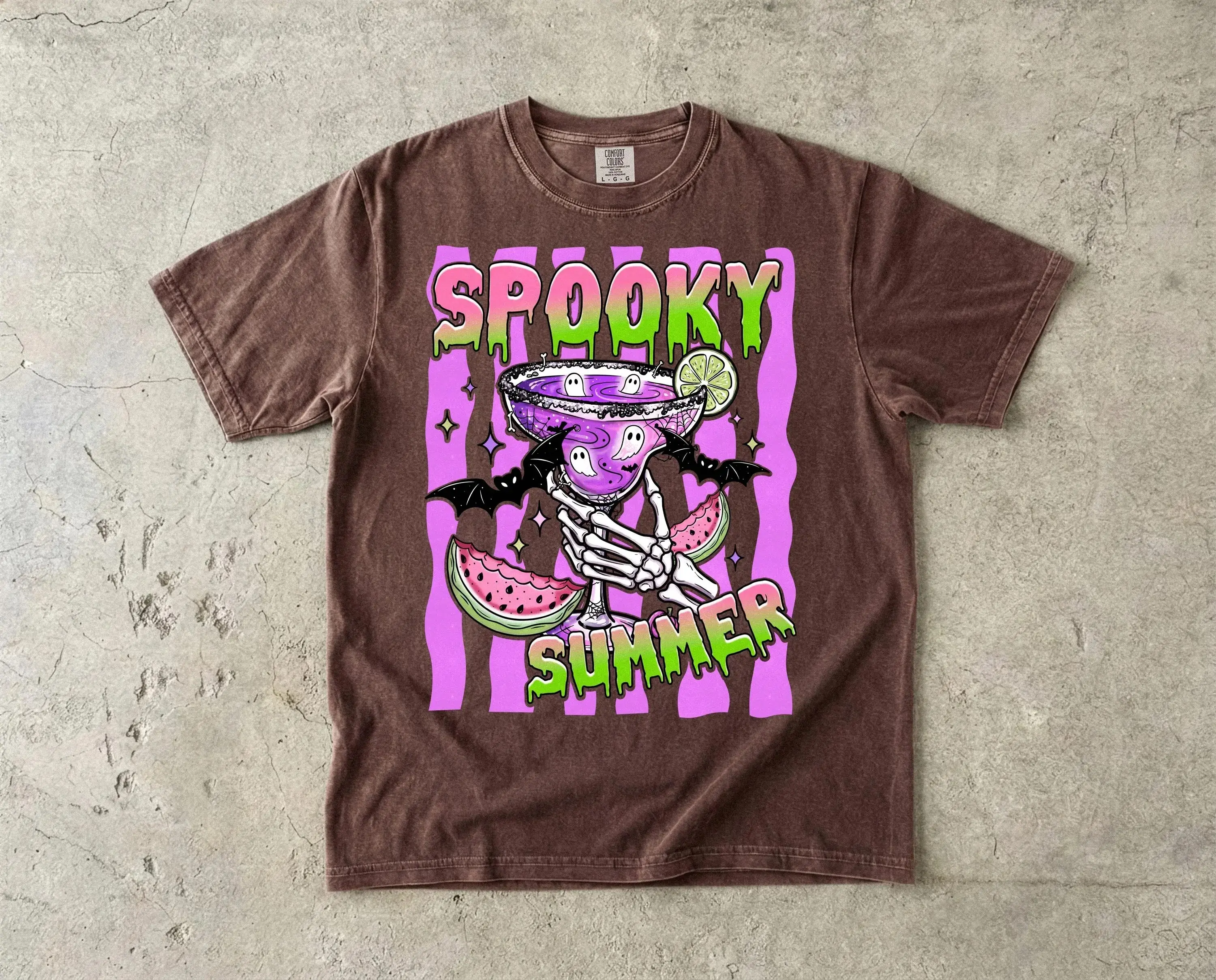 Comfort Colors Summerween Shirt, Striped Cute Ghost Cocktail Pastel Goth Halloween Beach Tee for Women - photo 2