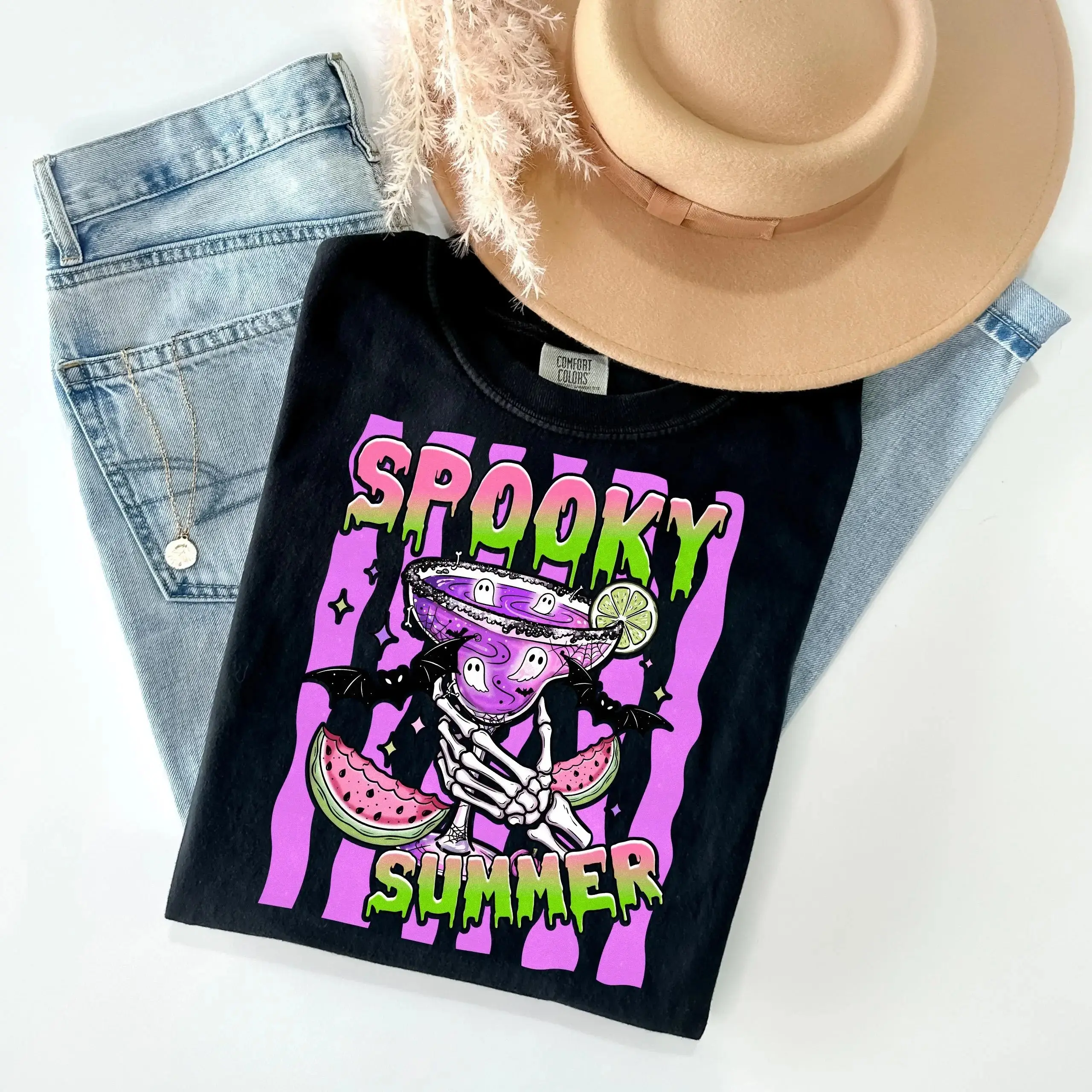 Comfort Colors Summerween Shirt, Striped Cute Ghost Cocktail Pastel Goth Halloween Beach Tee for Women - photo 3