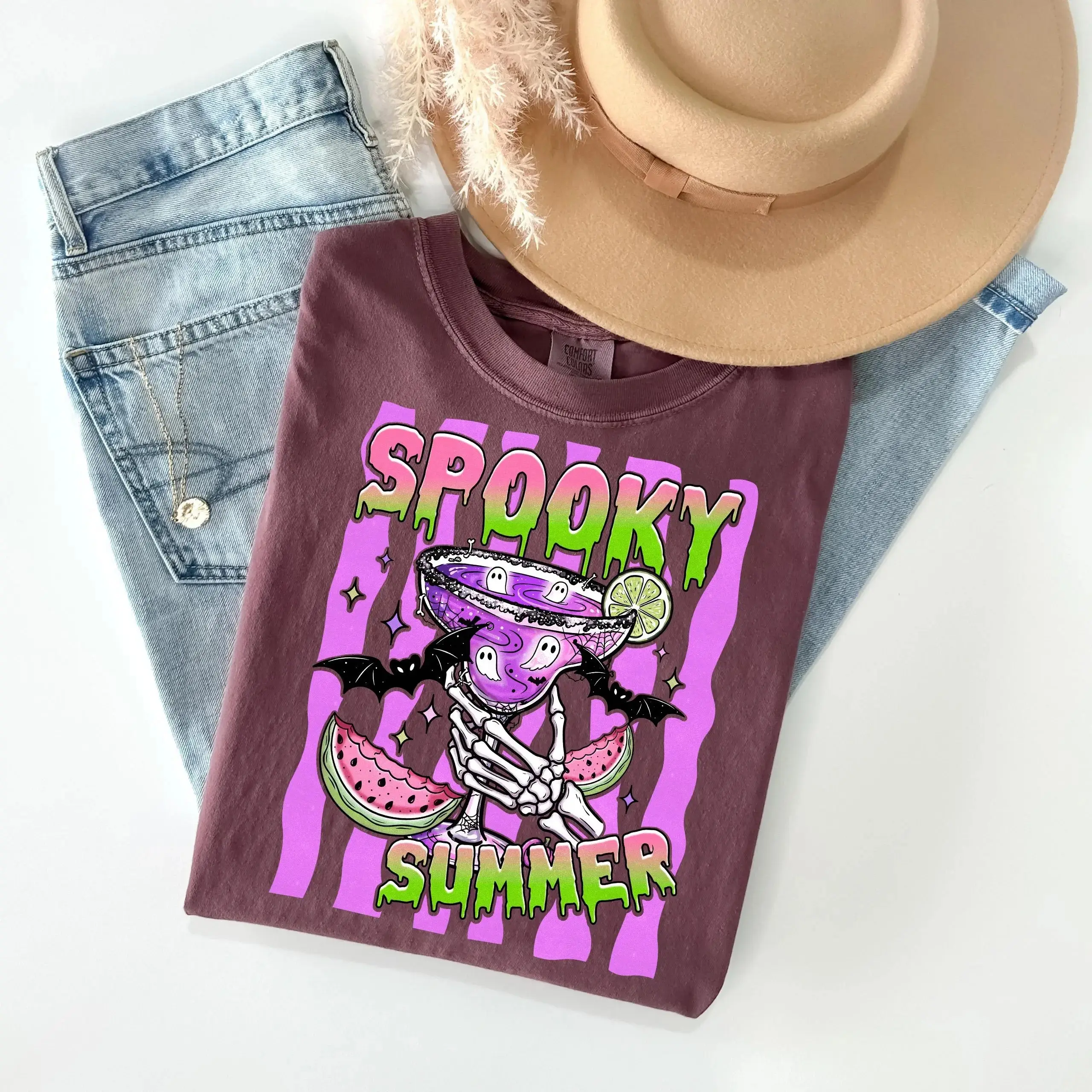 Comfort Colors Summerween Shirt, Striped Cute Ghost Cocktail Pastel Goth Halloween Beach Tee for Women - photo 4